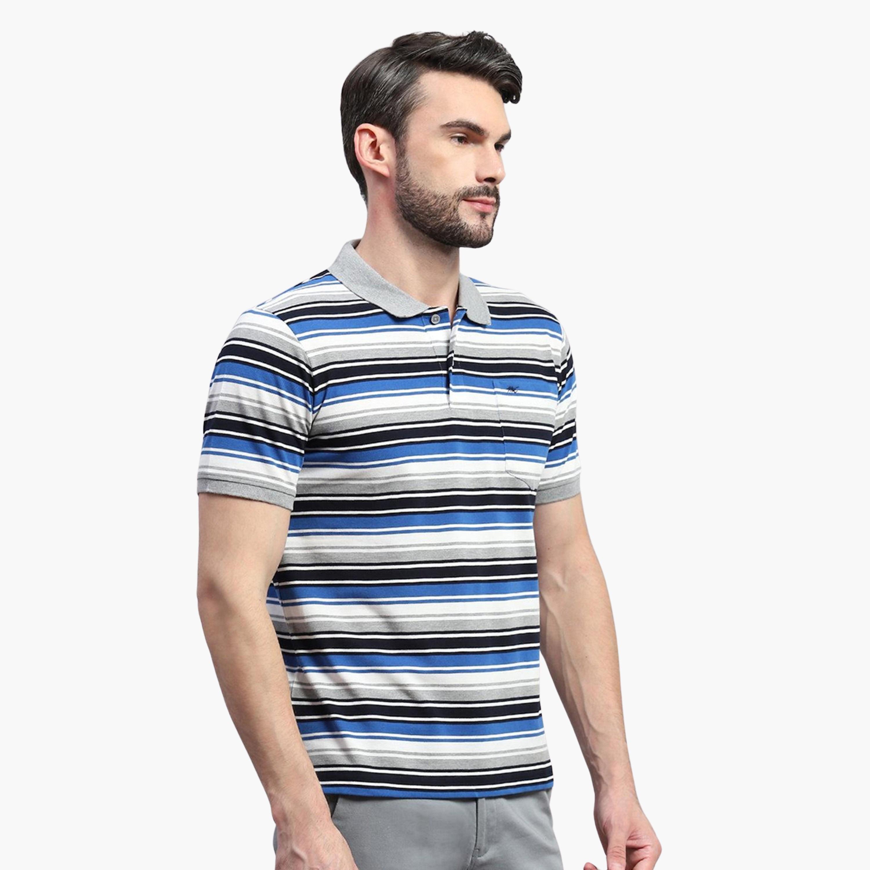 Monte Carlo X Styli Men Grey & Blue Striped Collared Neck Half Sleeve Tshirt-men-clothing-tshirtsandpolos-tshirts-image-3