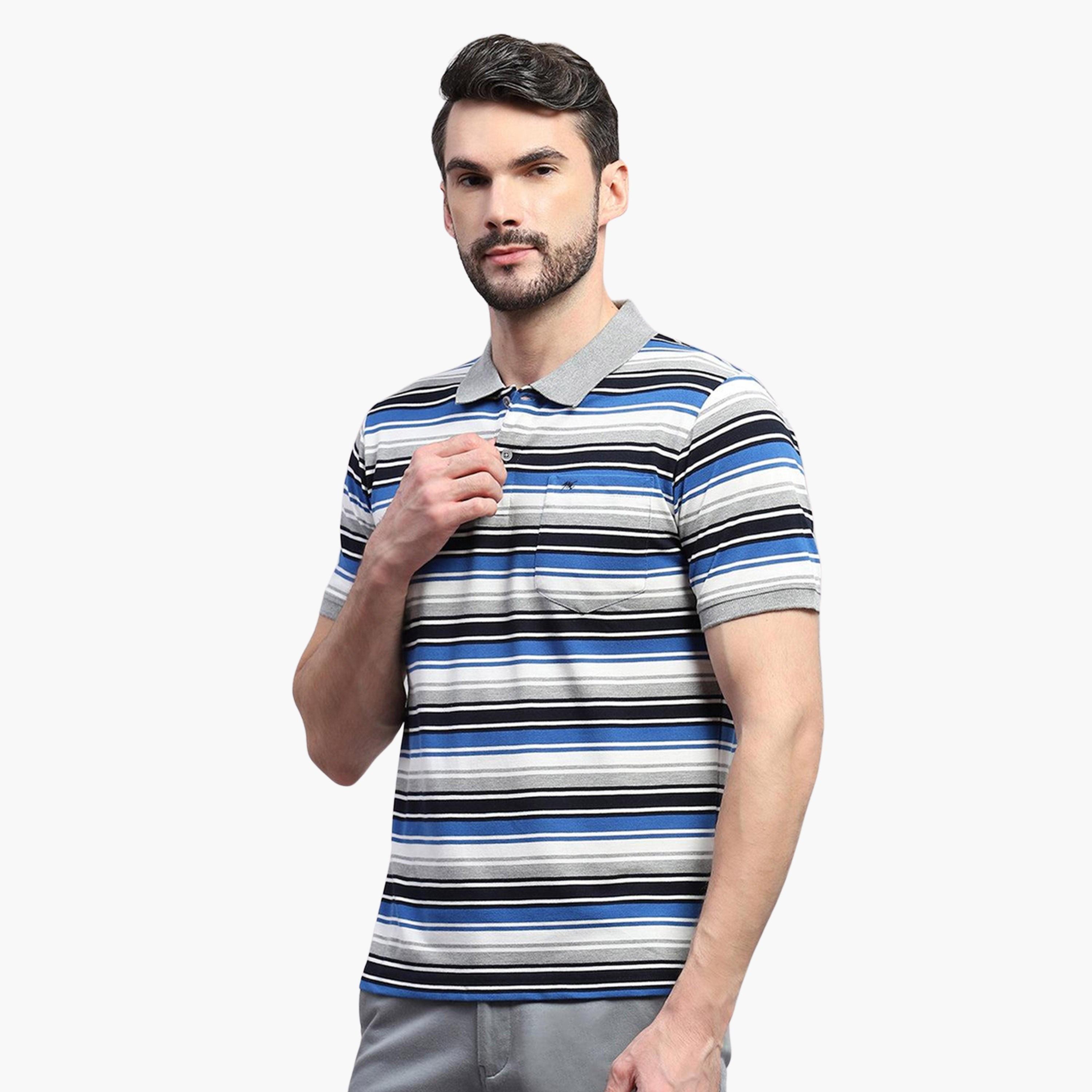 Monte Carlo X Styli Men Grey & Blue Striped Collared Neck Half Sleeve Tshirt-men-clothing-tshirtsandpolos-tshirts-image-5