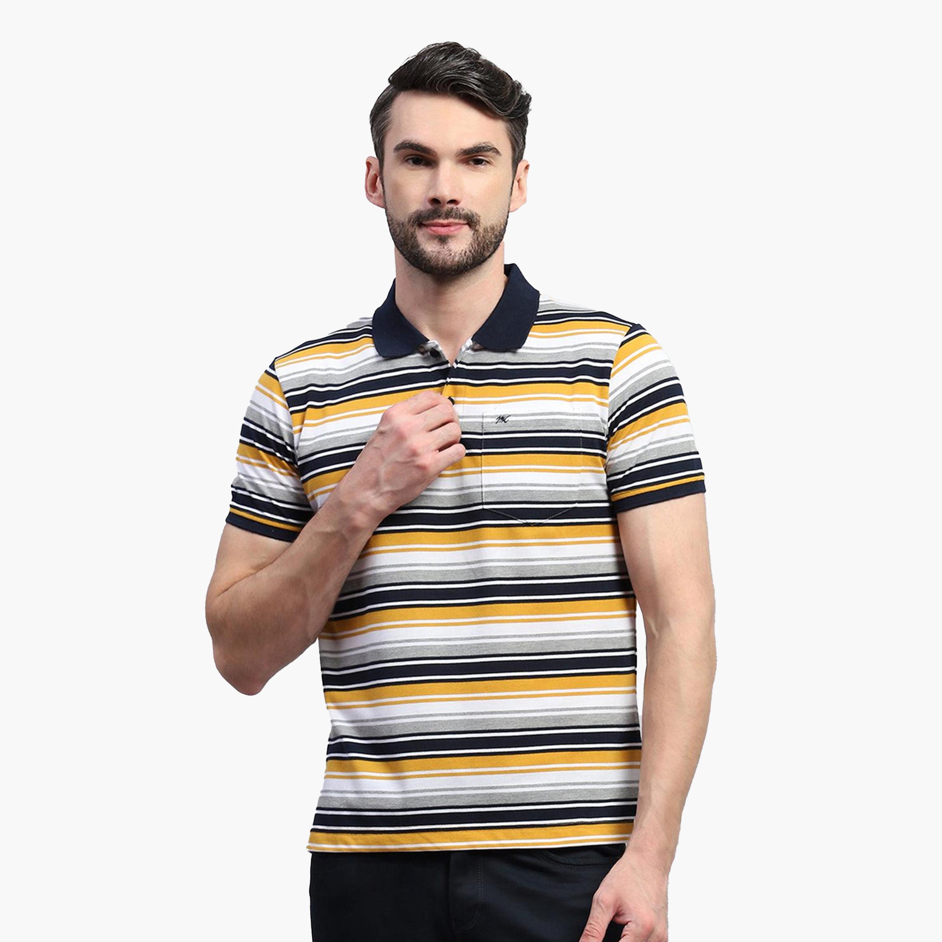 Monte Carlo X Styli Men Yellow & White Striped Collared Neck Half sleeve T-shirt-men-clothing-tshirtsandpolos-tshirts-image-1