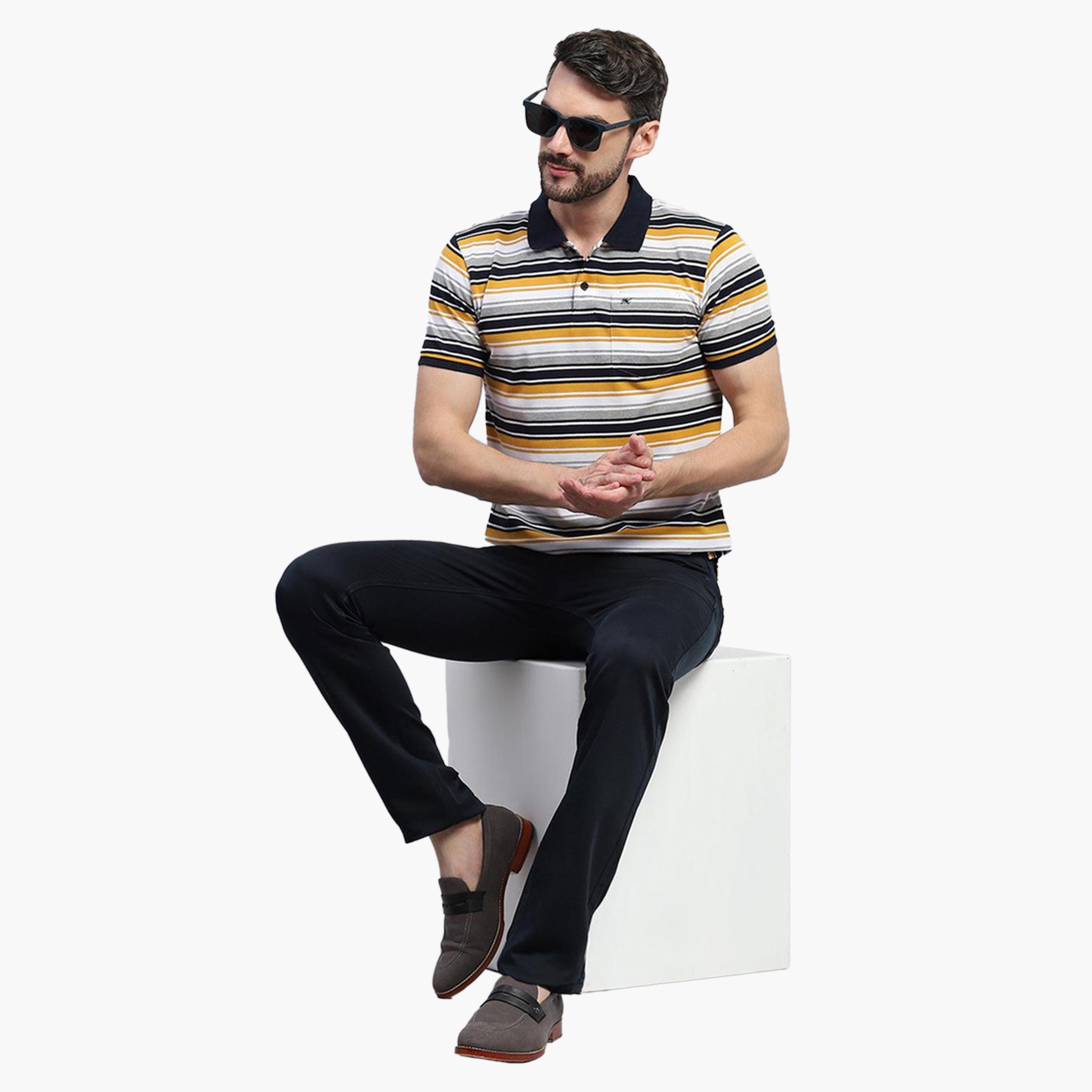 Monte Carlo X Styli Men Yellow & White Striped Collared Neck Half sleeve T-shirt-men-clothing-tshirtsandpolos-tshirts-image-2