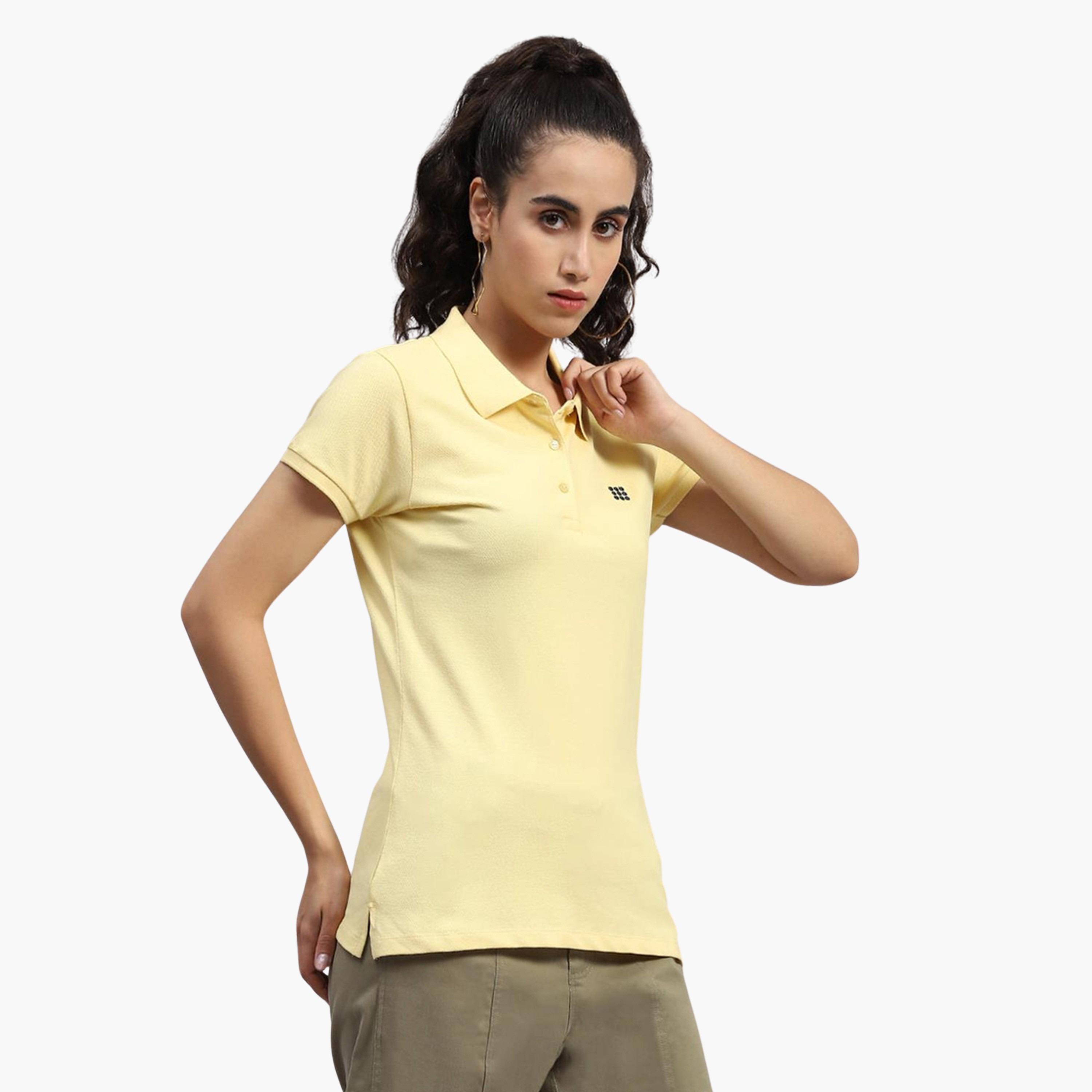 روك.ات ×ستايلي - تي شيرت نسائي أصفر سادة بياقة بولو وأكمام قصيرة وقصة أنيقة-women-clothing-tshirts-image-3