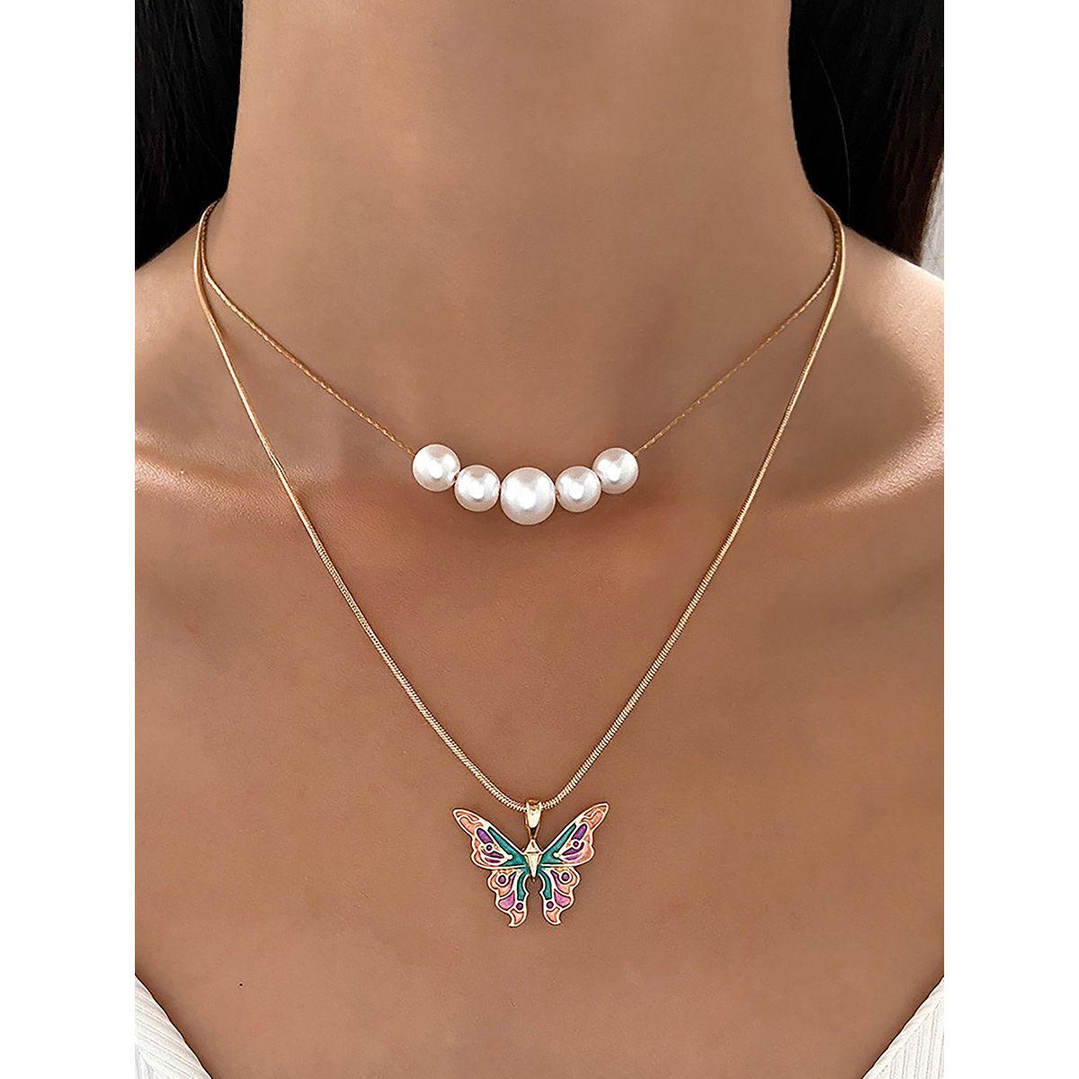 قلادة مُنمقة بتفاصيل فراشات مع لؤلؤ صناعي-women-watchesandjewellery-jewellery-necklacesandpendants-image-1