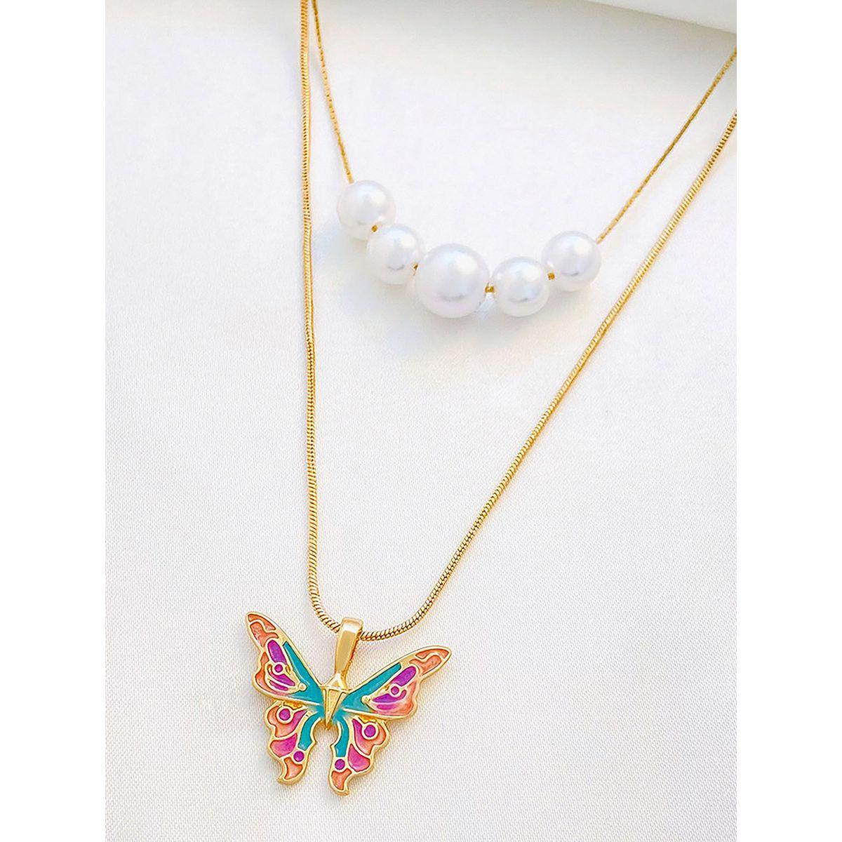 Styli Butterfly and Faux Pearl Drop Layered Necklace-women-watchesandjewellery-jewellery-necklacesandpendants-image-2