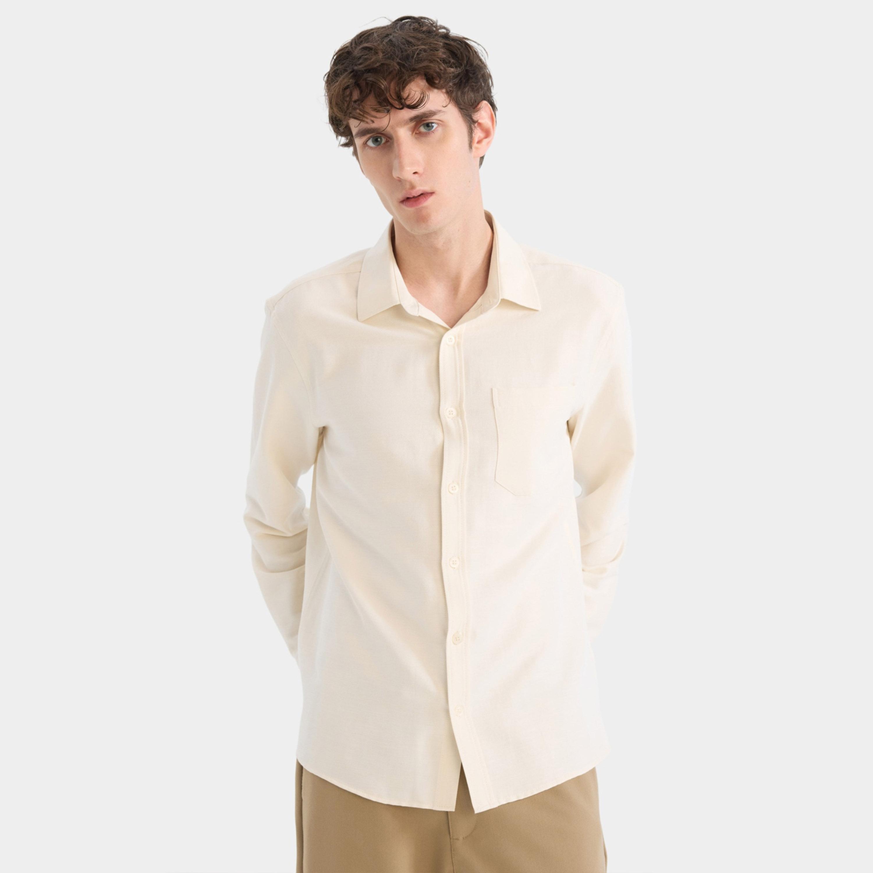 ديفاكتو × ستايلي-  قميص رجالي بيج بأكمام طويلة وأزرار-men-clothing-shirts-image-6