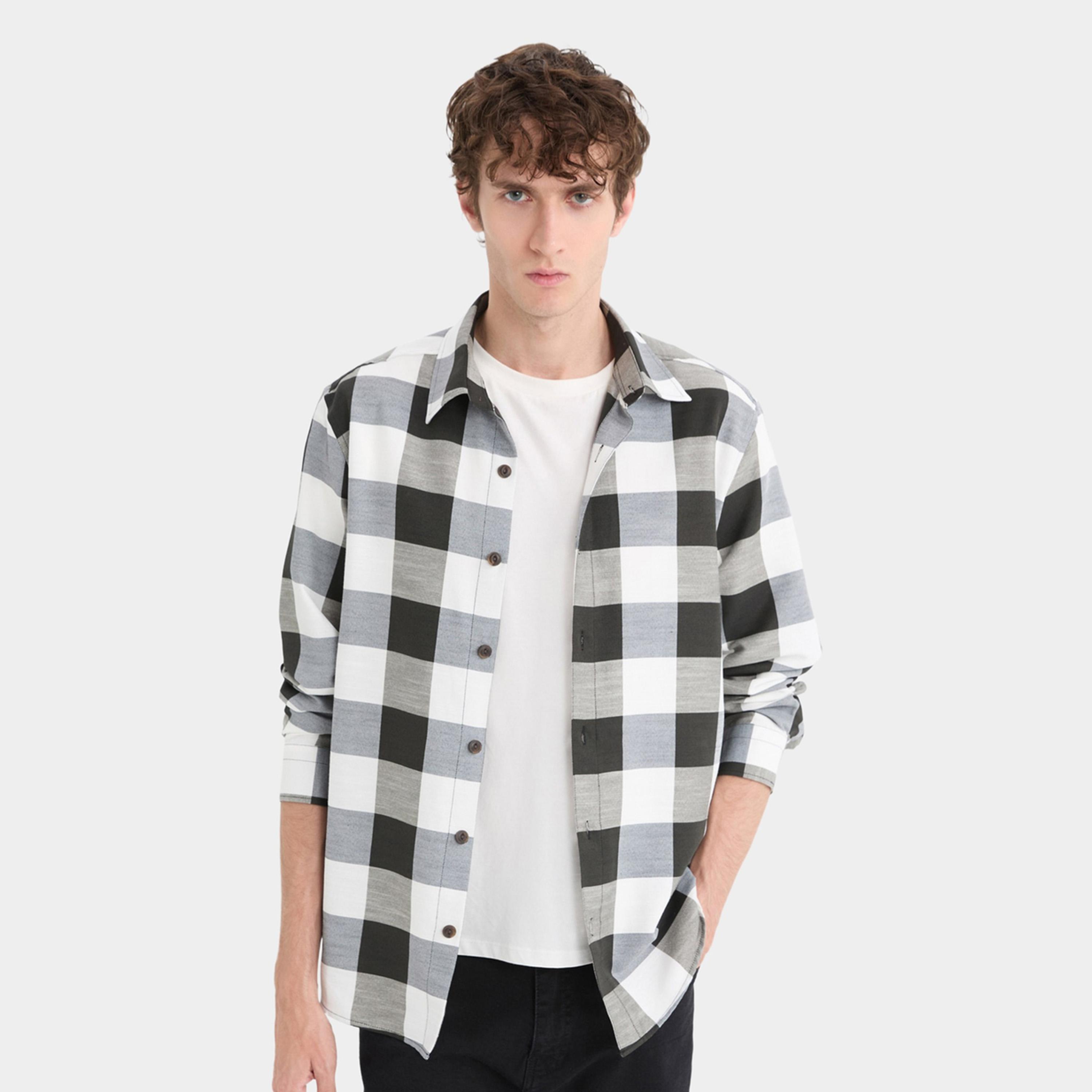 DeFacto X Styli Men's Black and White Checked Long Sleeve Shirt-men-clothing-shirts-image-1