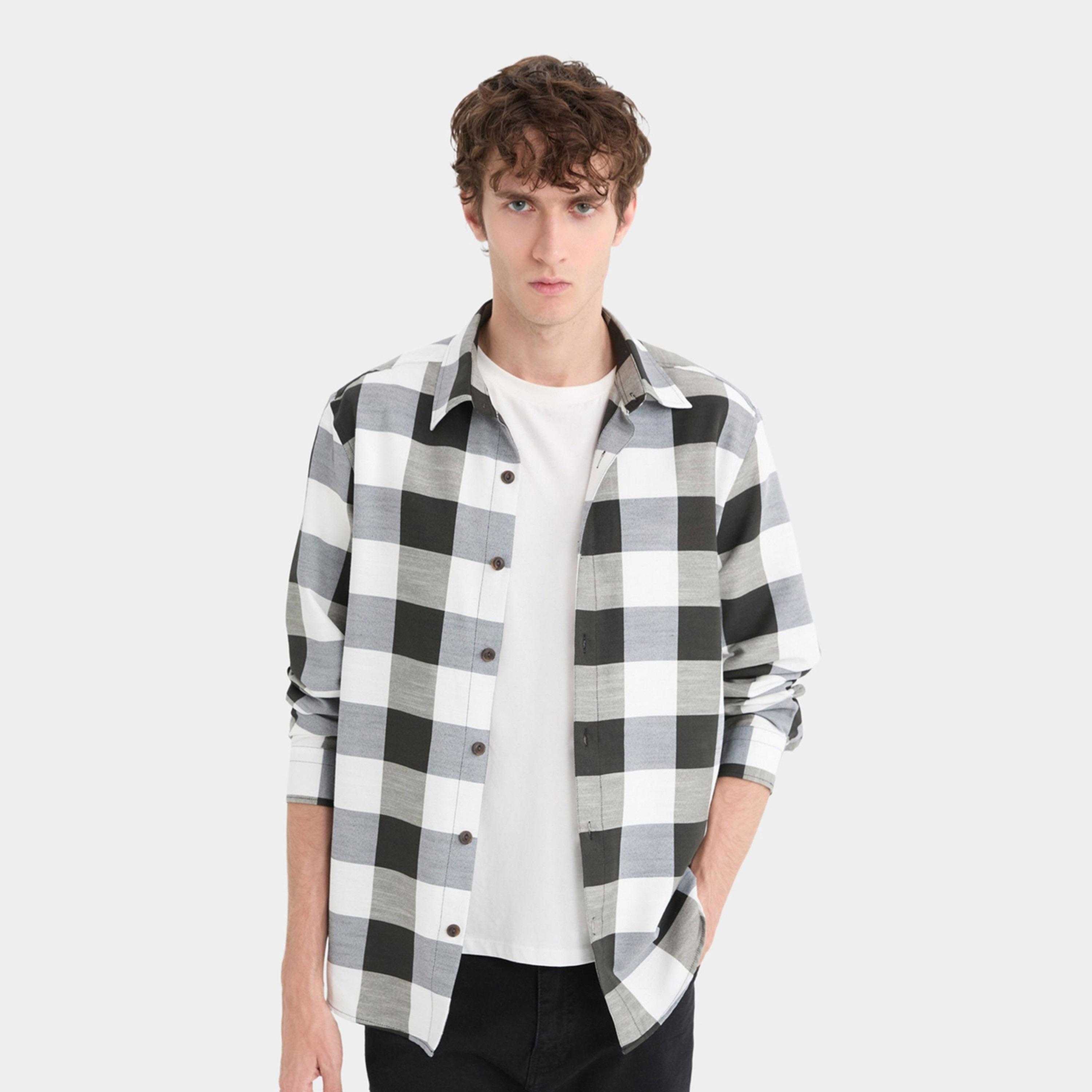 DeFacto X Styli Men's Black and White Checked Long Sleeve Shirt-men-clothing-shirts-image-3