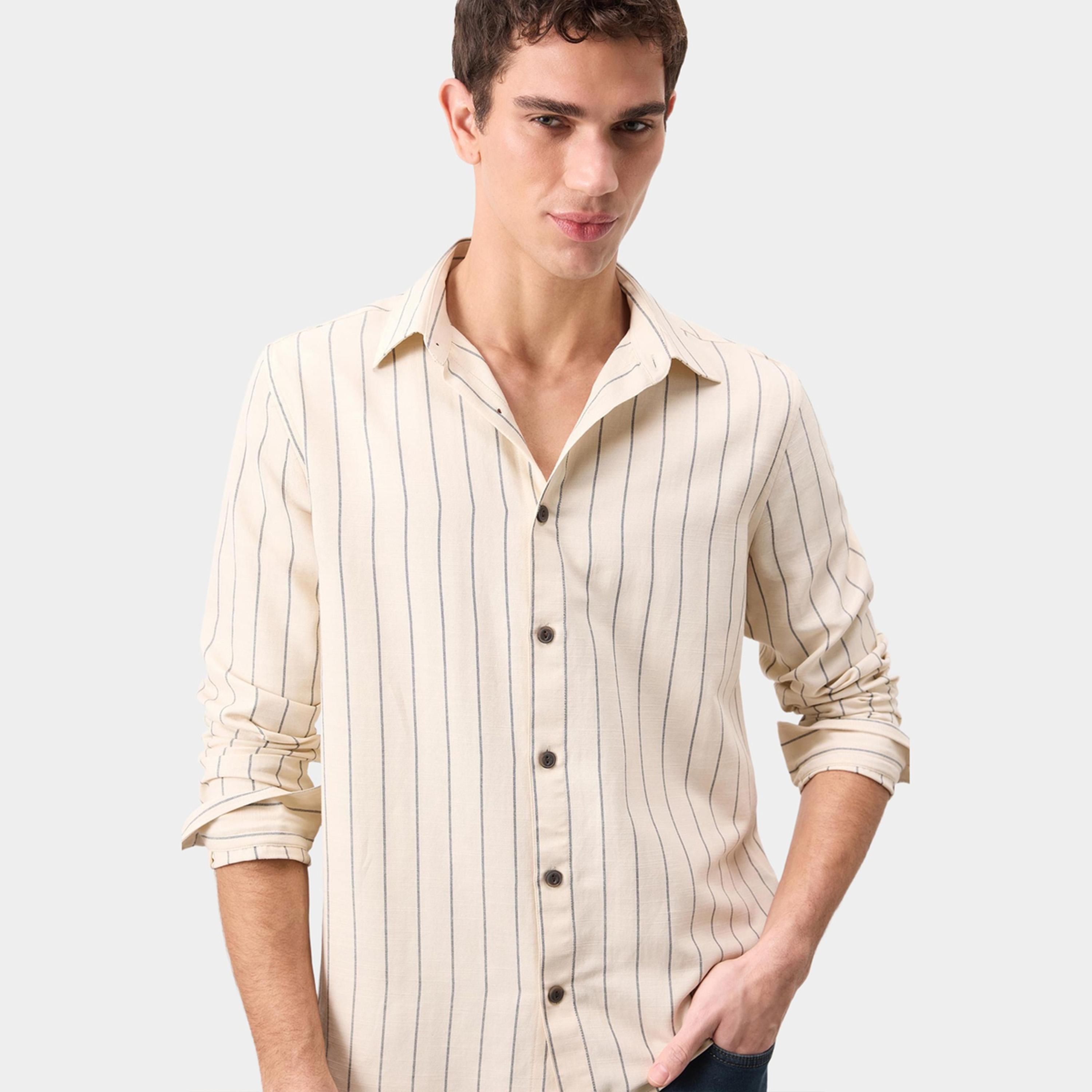 DeFacto X Styli Mens Beige Checked Button-Down Collar Long Sleeve Shirt-men-clothing-shirts-image-2