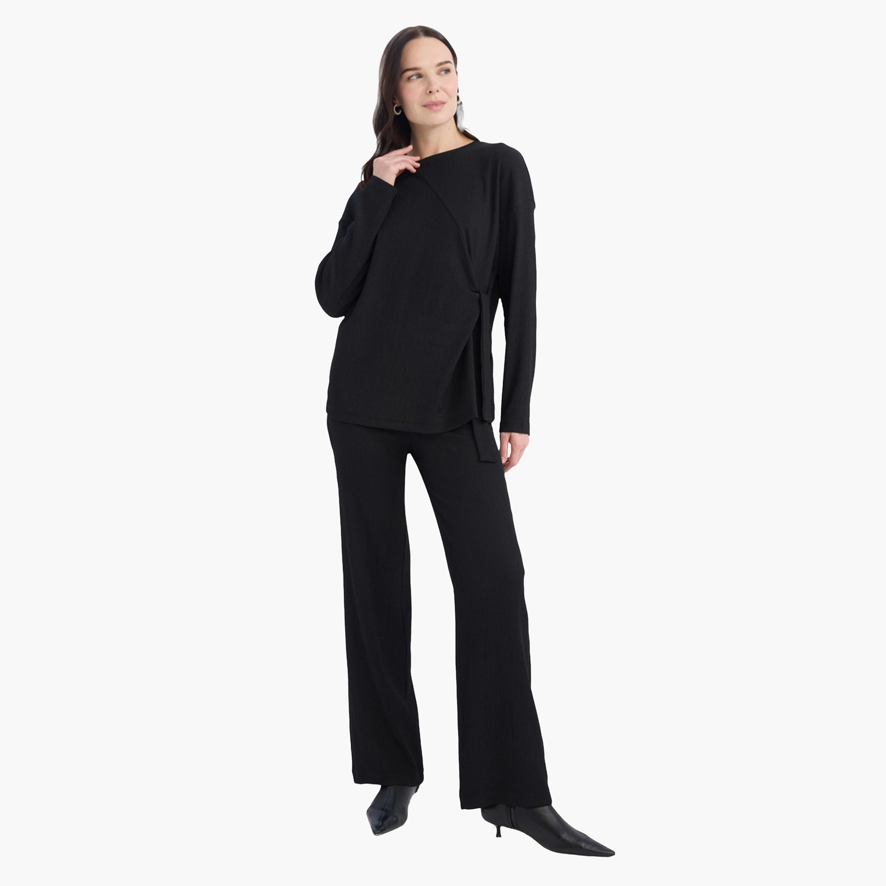 ديفاكتو × ستايلي - بنطال نسائي أسود مرن واسع الساق-women-clothing-bottoms-trousers-image-1