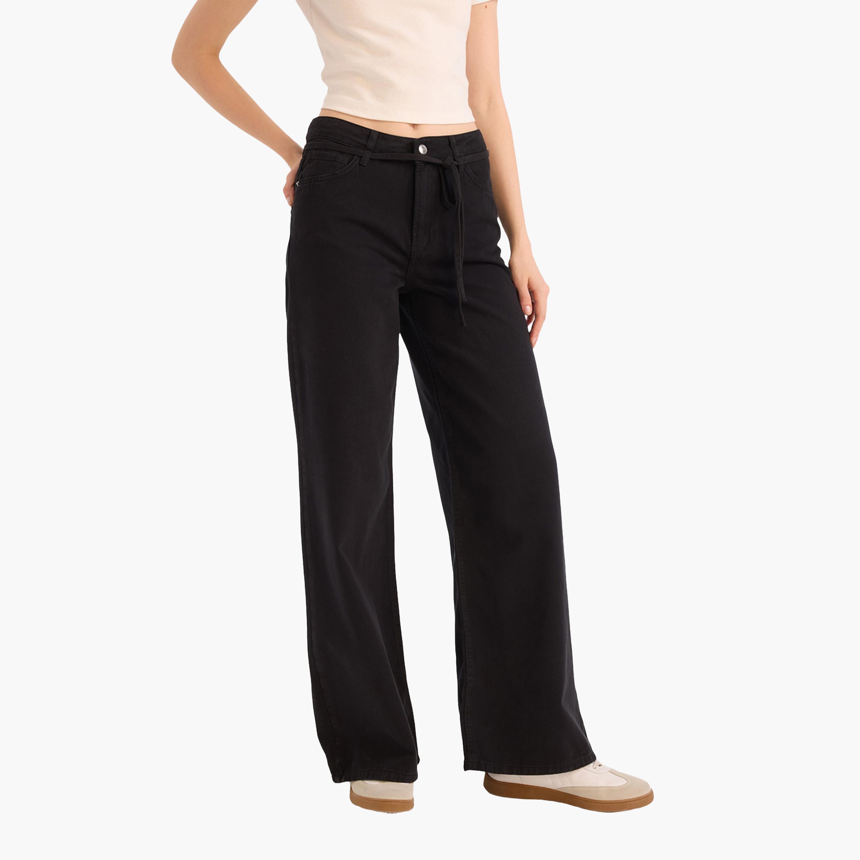 ديفاكتو × ستايلي - بنطال جبردين نسائي أسود واسع الساق بخصر مرتفع-women-clothing-bottoms-trousers-image-1