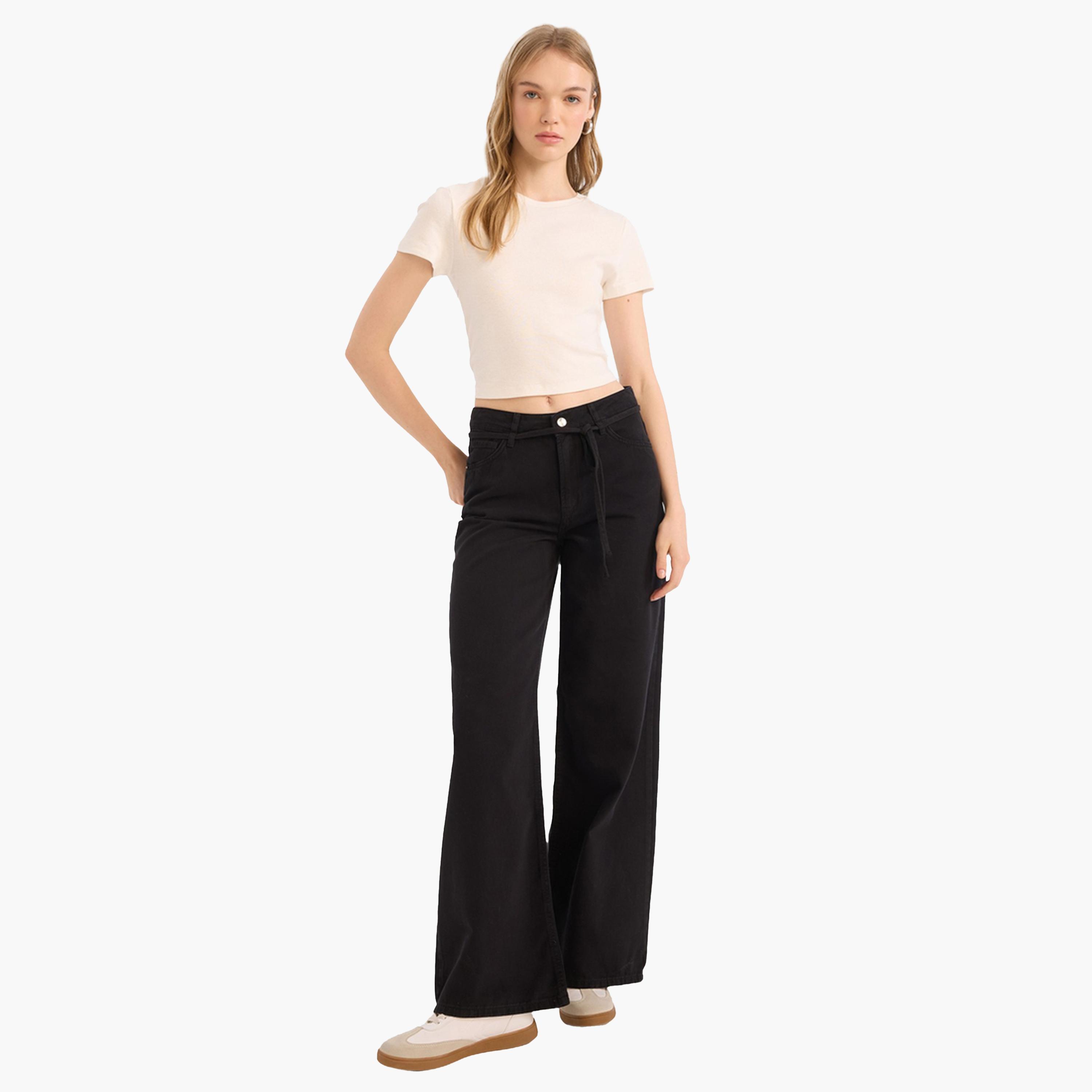 ديفاكتو × ستايلي - بنطال جبردين نسائي أسود واسع الساق بخصر مرتفع-women-clothing-bottoms-trousers-image-2