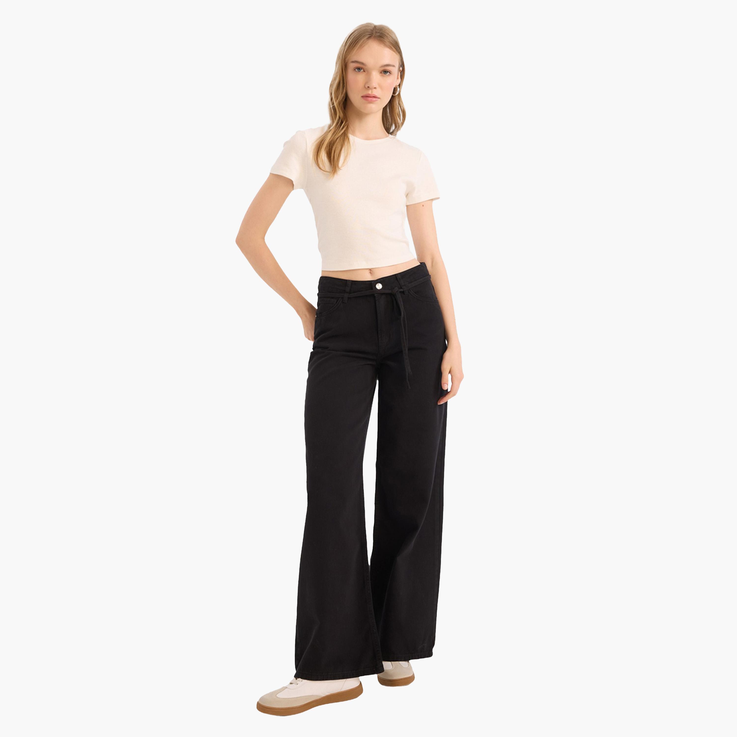 ديفاكتو × ستايلي - بنطال جبردين نسائي أسود واسع الساق بخصر مرتفع-women-clothing-bottoms-trousers-image-3