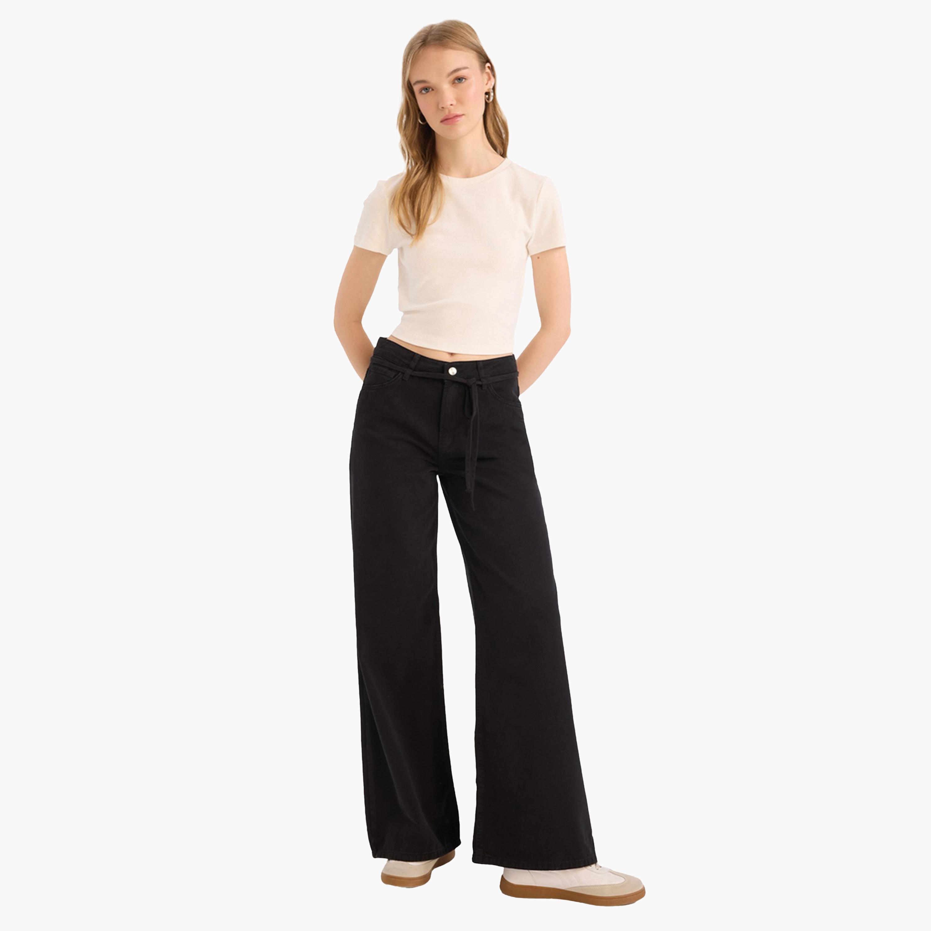 ديفاكتو × ستايلي - بنطال جبردين نسائي أسود واسع الساق بخصر مرتفع-women-clothing-bottoms-trousers-image-4