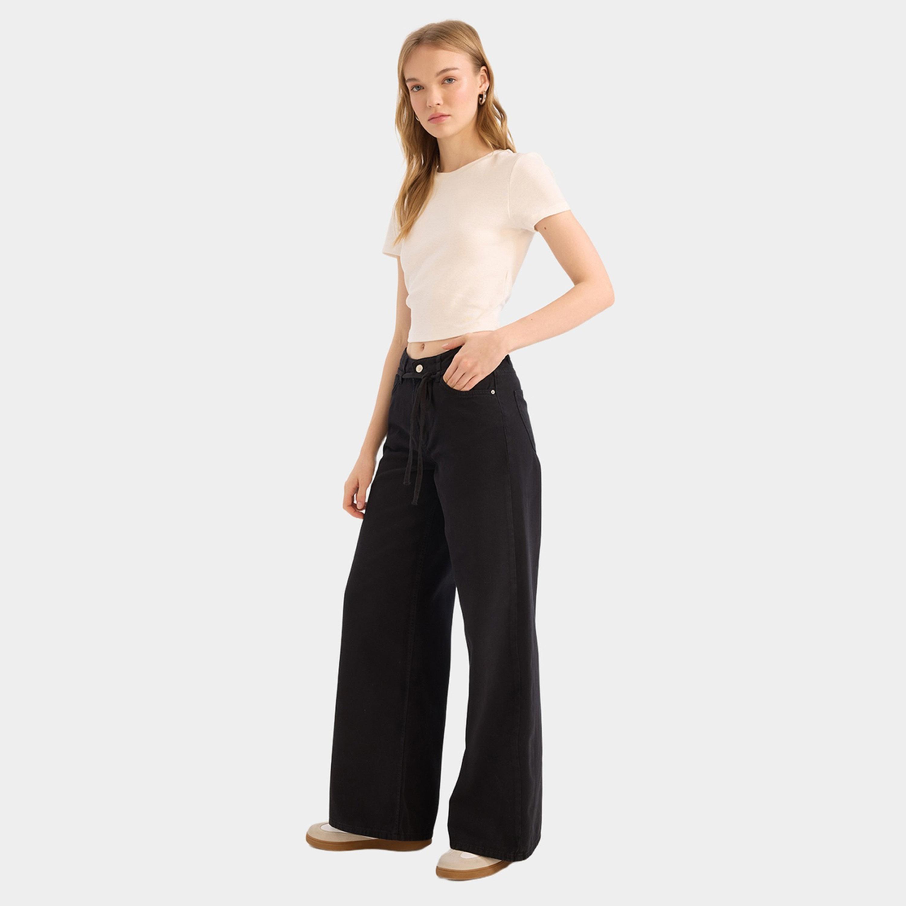 ديفاكتو × ستايلي - بنطال جبردين نسائي أسود واسع الساق بخصر مرتفع-women-clothing-bottoms-trousers-image-5