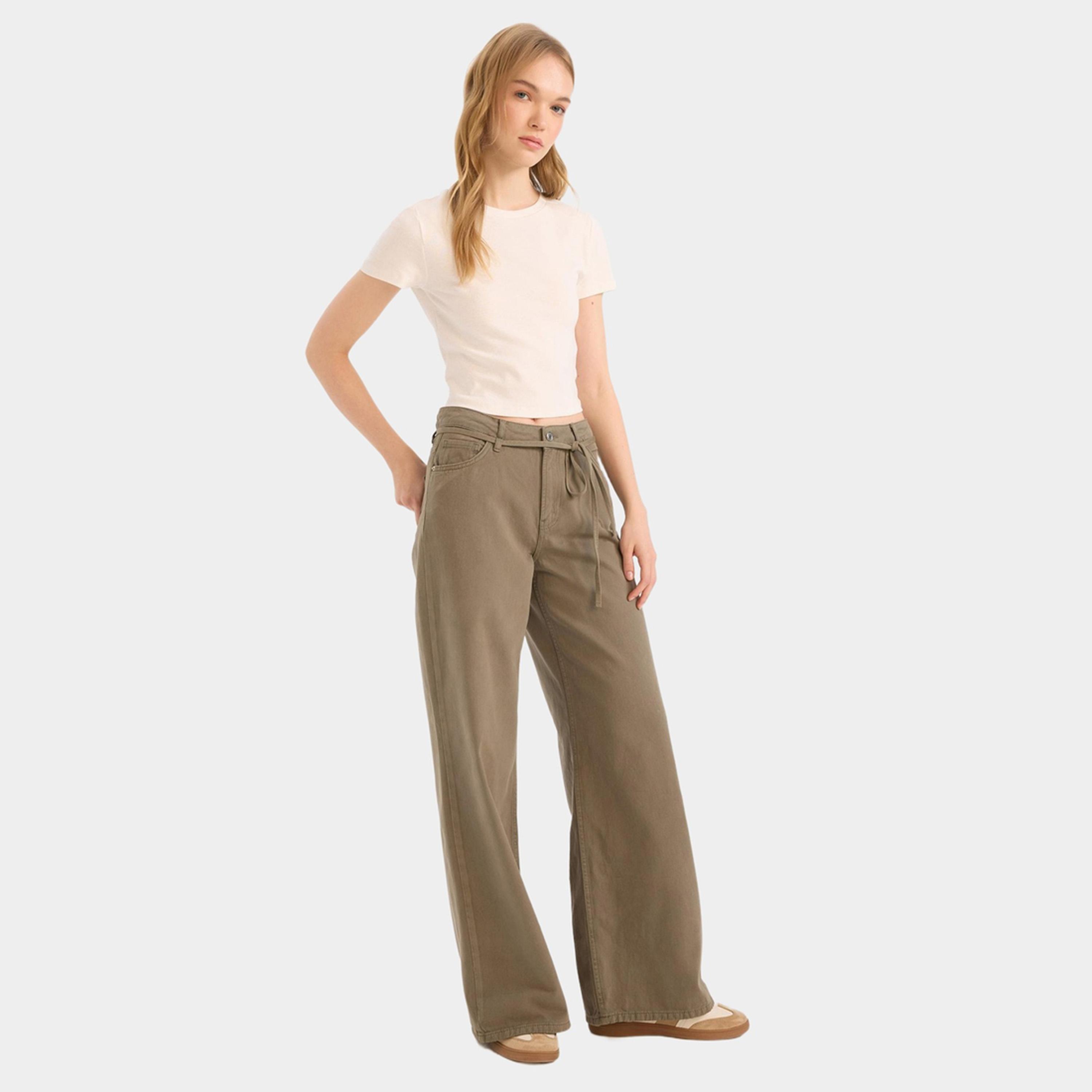 DeFacto X Styli Khaki Wide Leg High Waist Gabardine Pant-women-clothing-bottoms-trousers-image-2