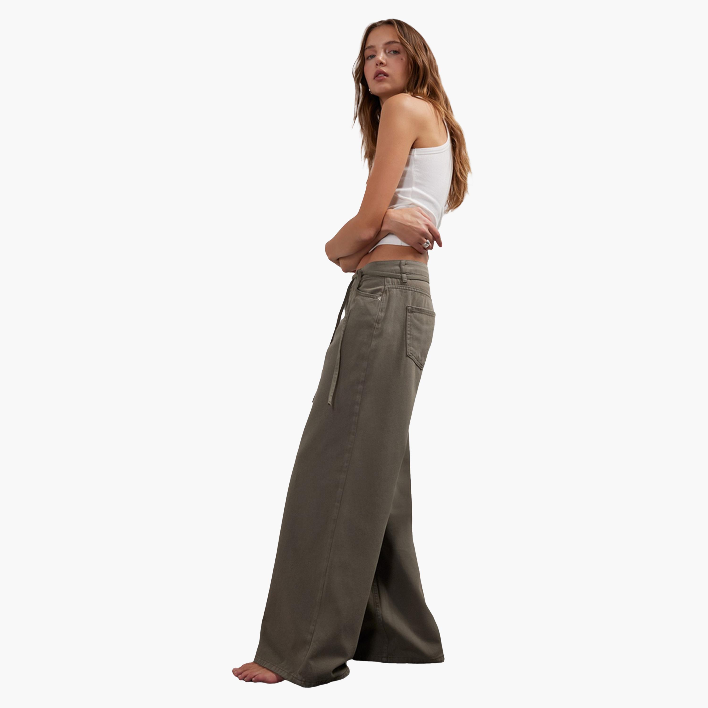 DeFacto X Styli Khaki Wide Leg High Waist Gabardine Pant-women-clothing-bottoms-trousers-image-4