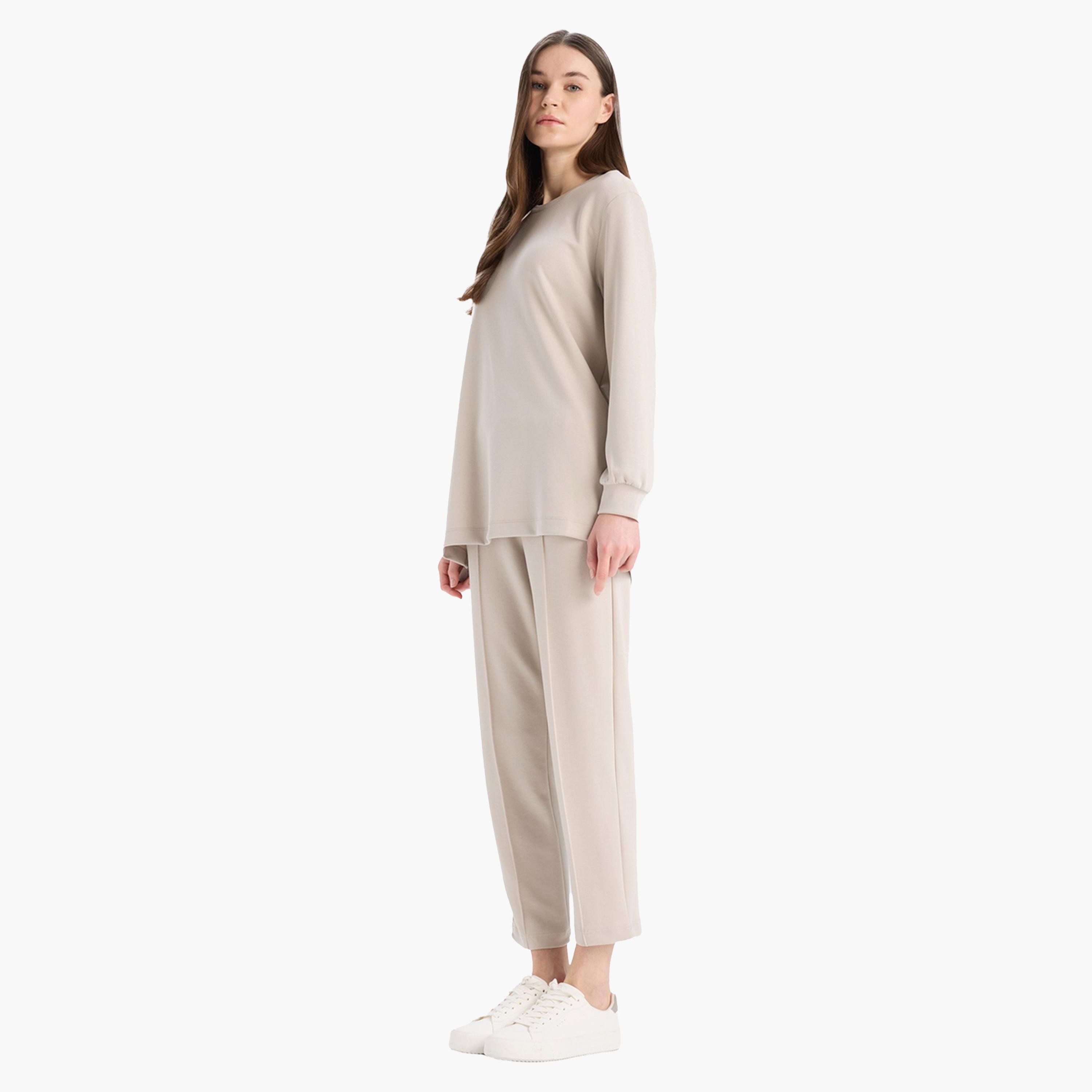 ديفاكتو × ستايلي - بنطال نسائي بيج بقصّة عادية وخصر مرن-women-clothing-bottoms-trousers-image-2