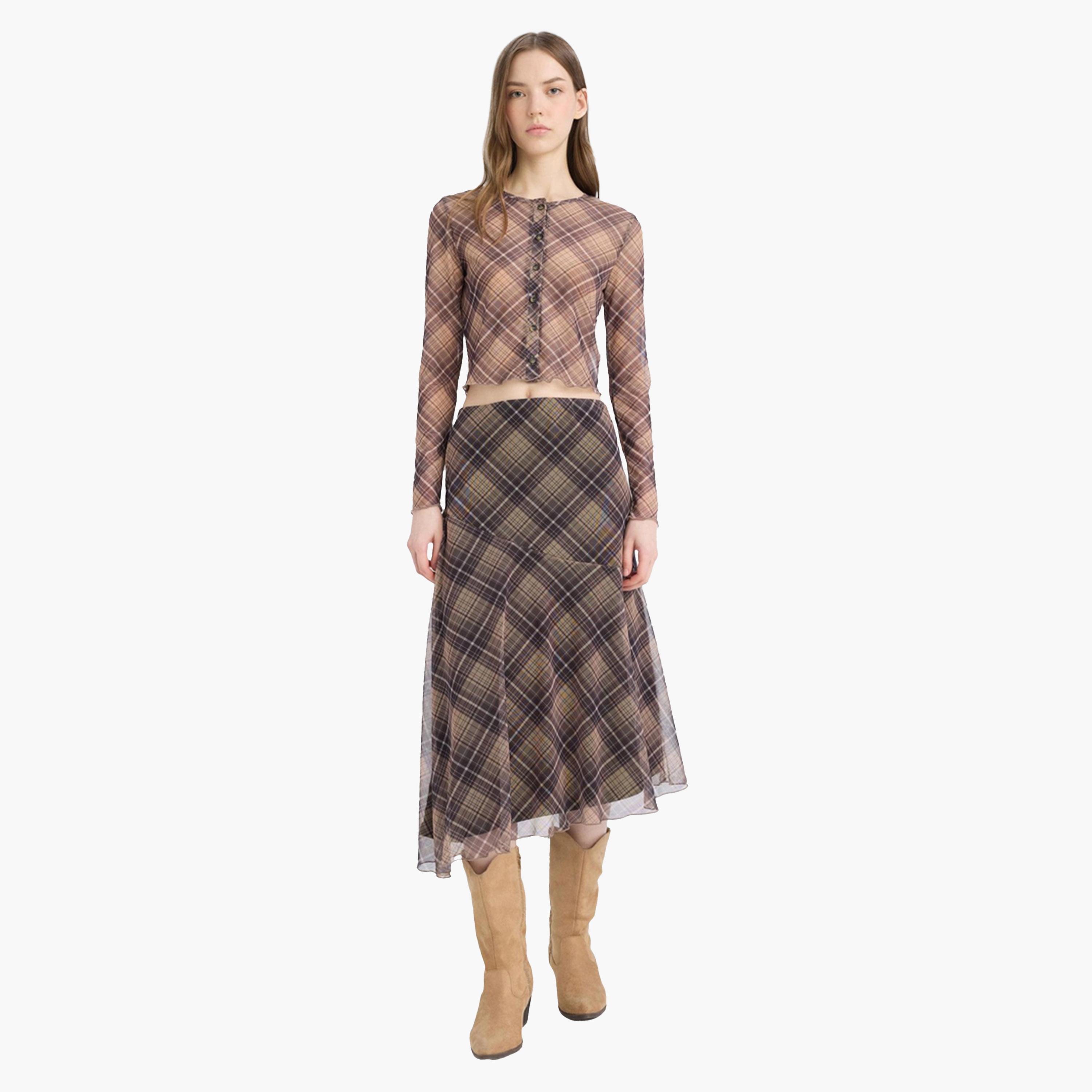 DeFacto X Styli Brown Asymmetrical Checked Normal Waist Midi Skirt-women-clothing-bottoms-skirts-image-1