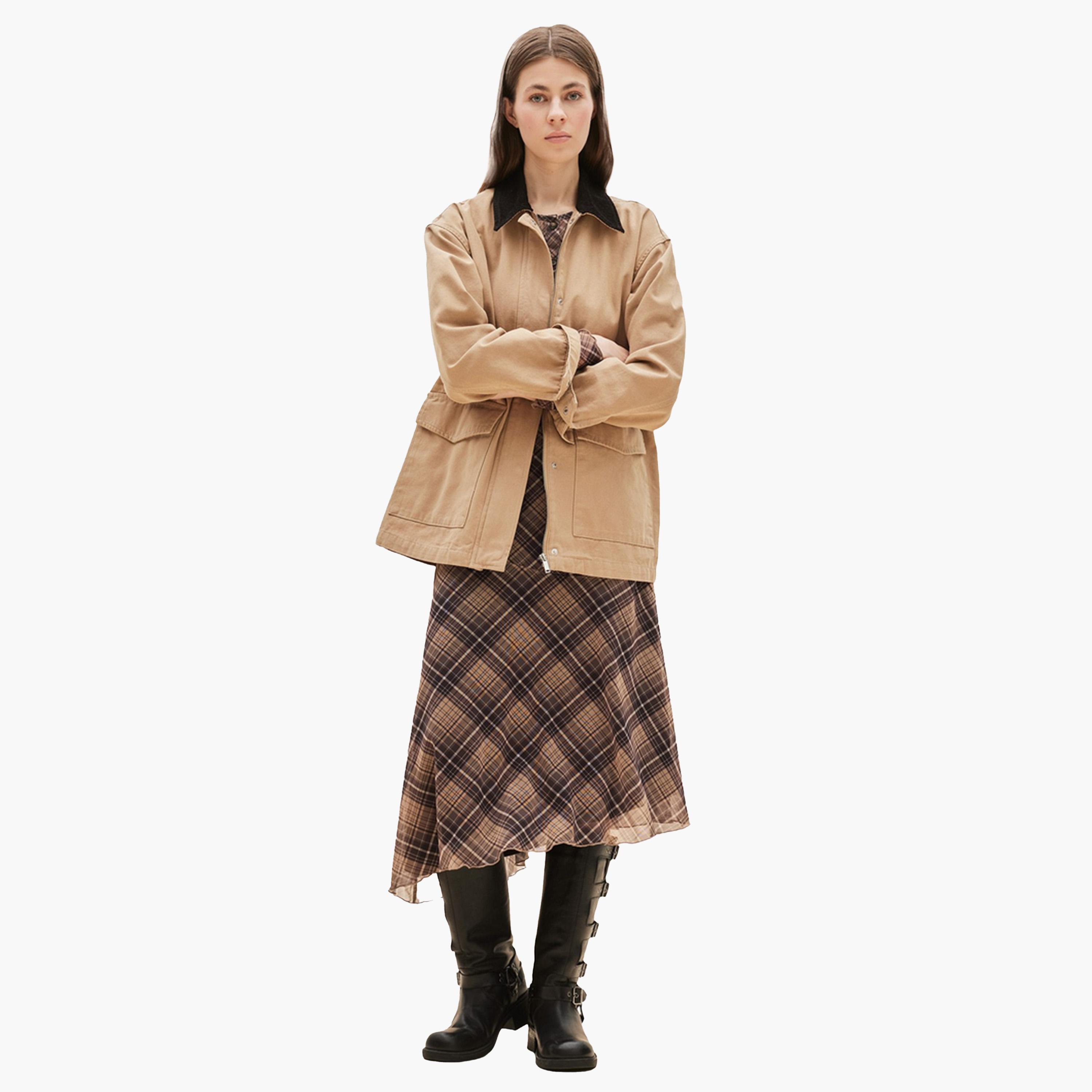 ديفاكتو × ستايلي-  تنورة متوسطة الطول بنية اللون منقوشة غير متماثلة الخصر-women-clothing-bottoms-skirts-image-2