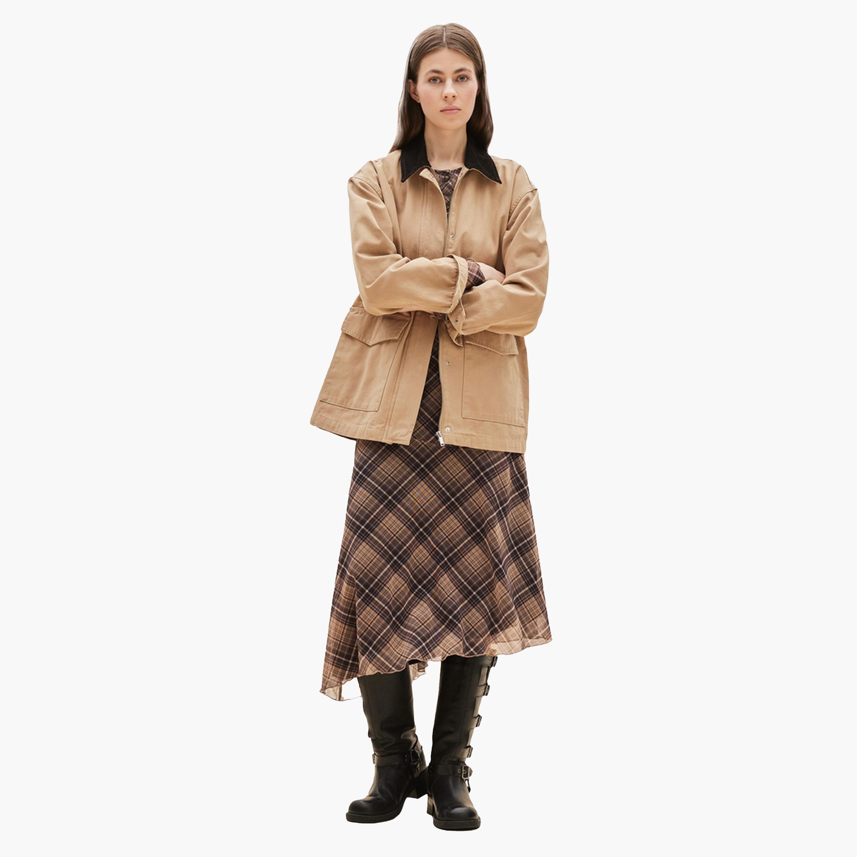 DeFacto X Styli Brown Asymmetrical Checked Normal Waist Midi Skirt-women-clothing-bottoms-skirts-image-3