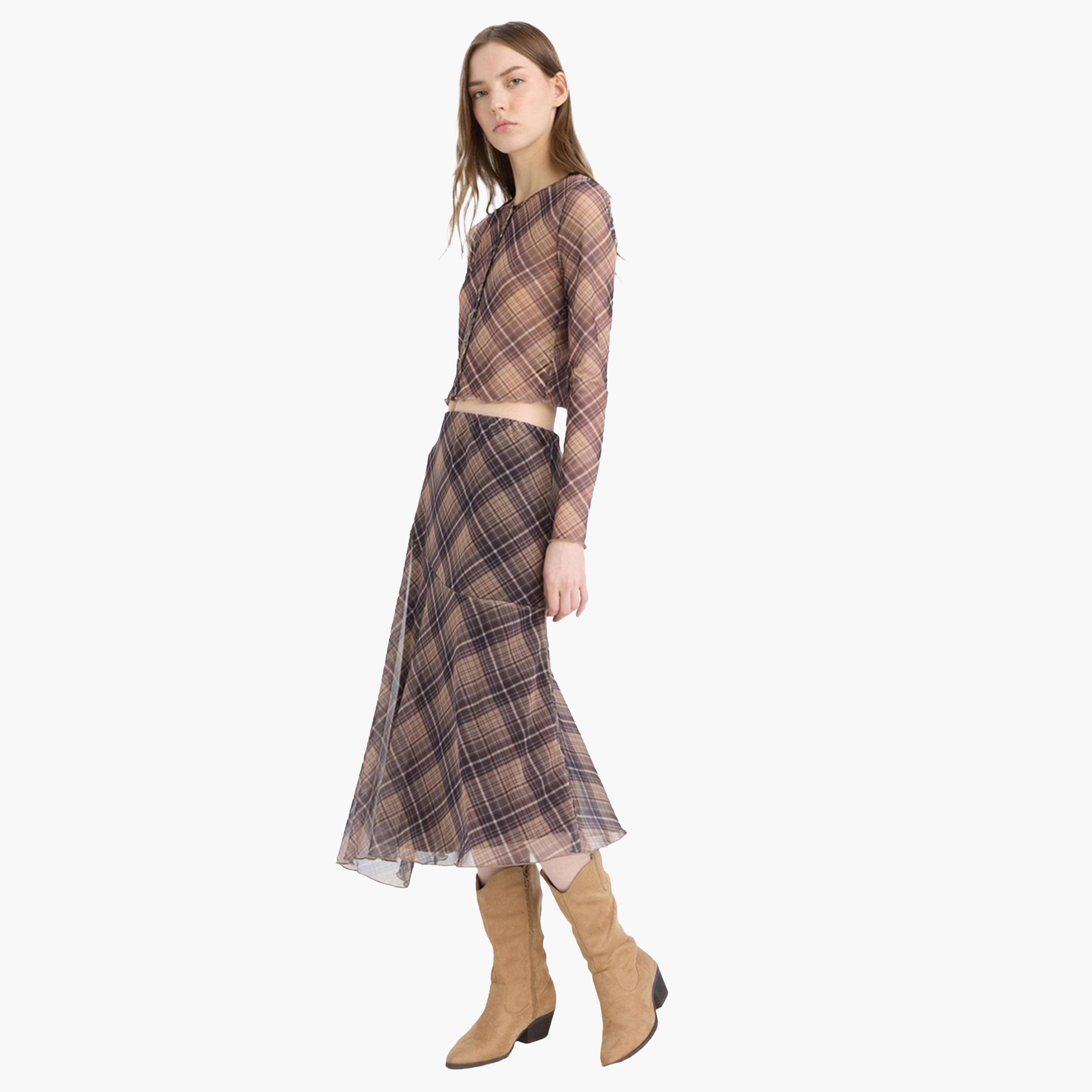 DeFacto X Styli Brown Asymmetrical Checked Normal Waist Midi Skirt-women-clothing-bottoms-skirts-image-4