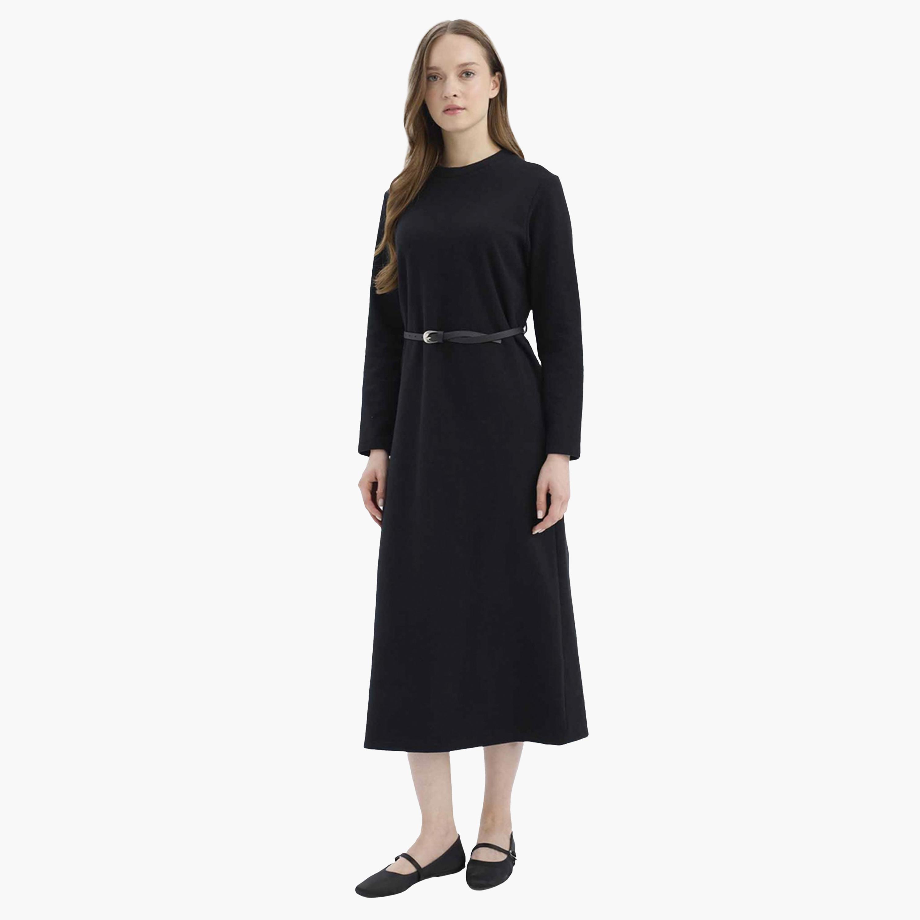 DeFacto X Styli Women Black Regular Fit Crew Neck Belted Maxi Dress-women-clothing-dresses-image-1
