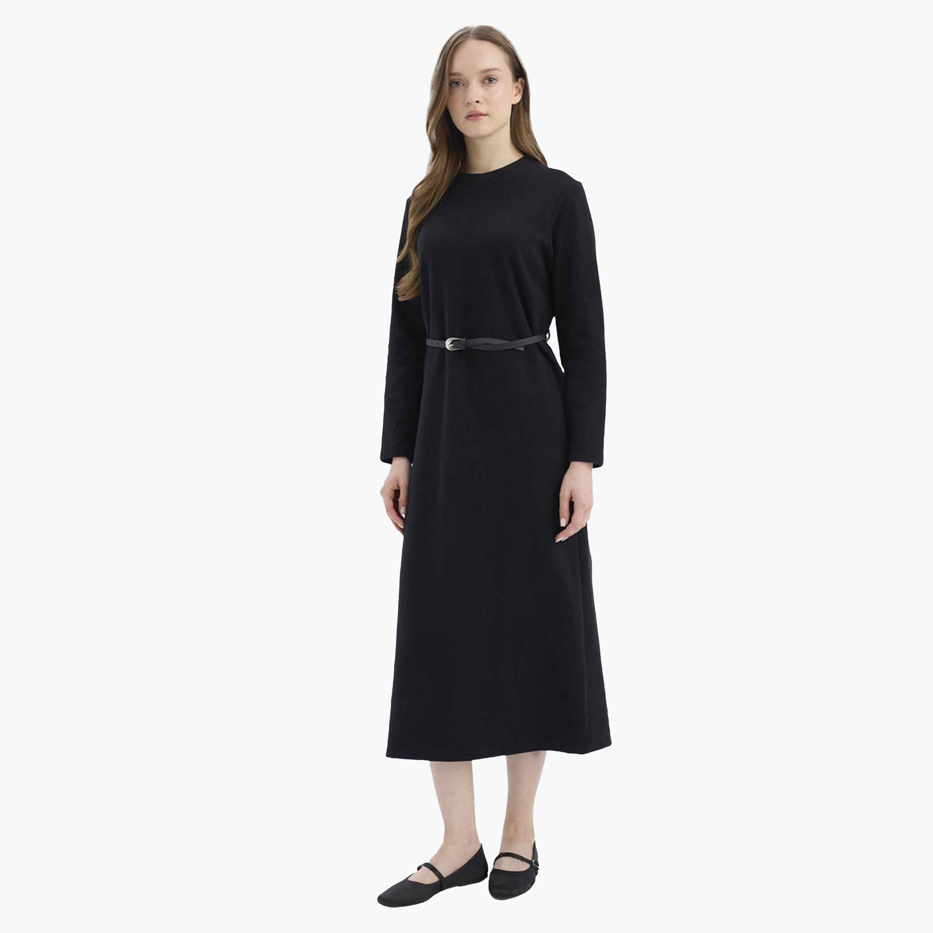 DeFacto X Styli Women Black Regular Fit Crew Neck Belted Maxi Dress-women-clothing-dresses-image-3