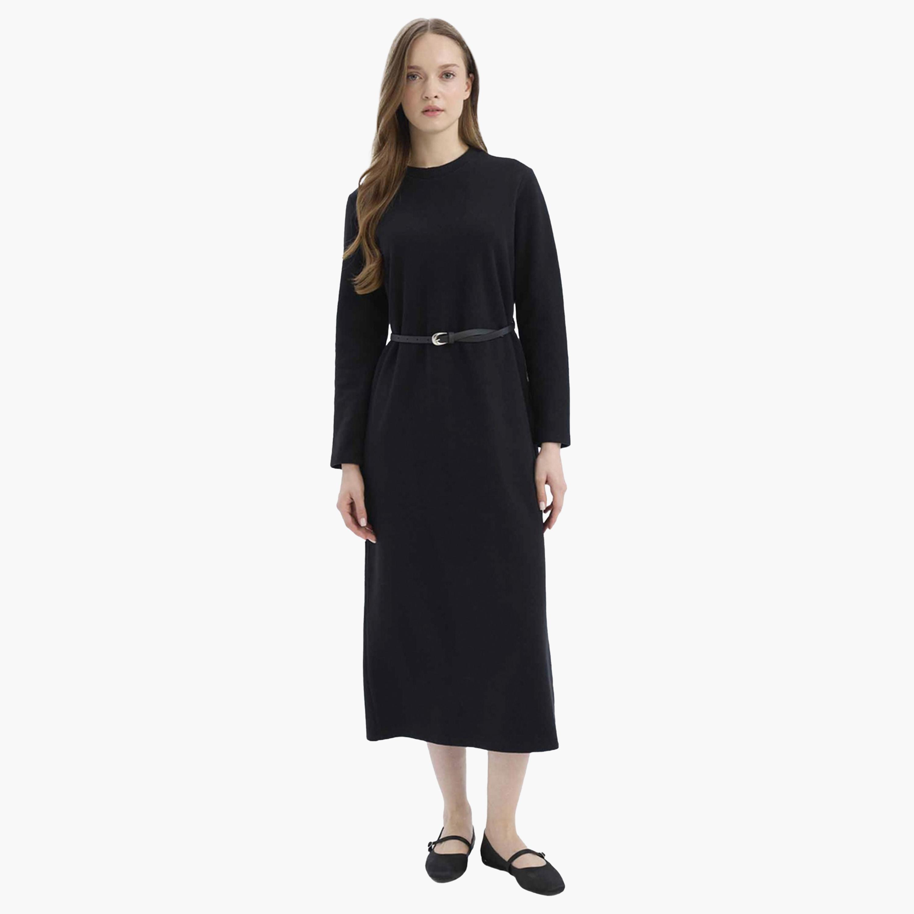 DeFacto X Styli Women Black Regular Fit Crew Neck Belted Maxi Dress-women-clothing-dresses-image-4