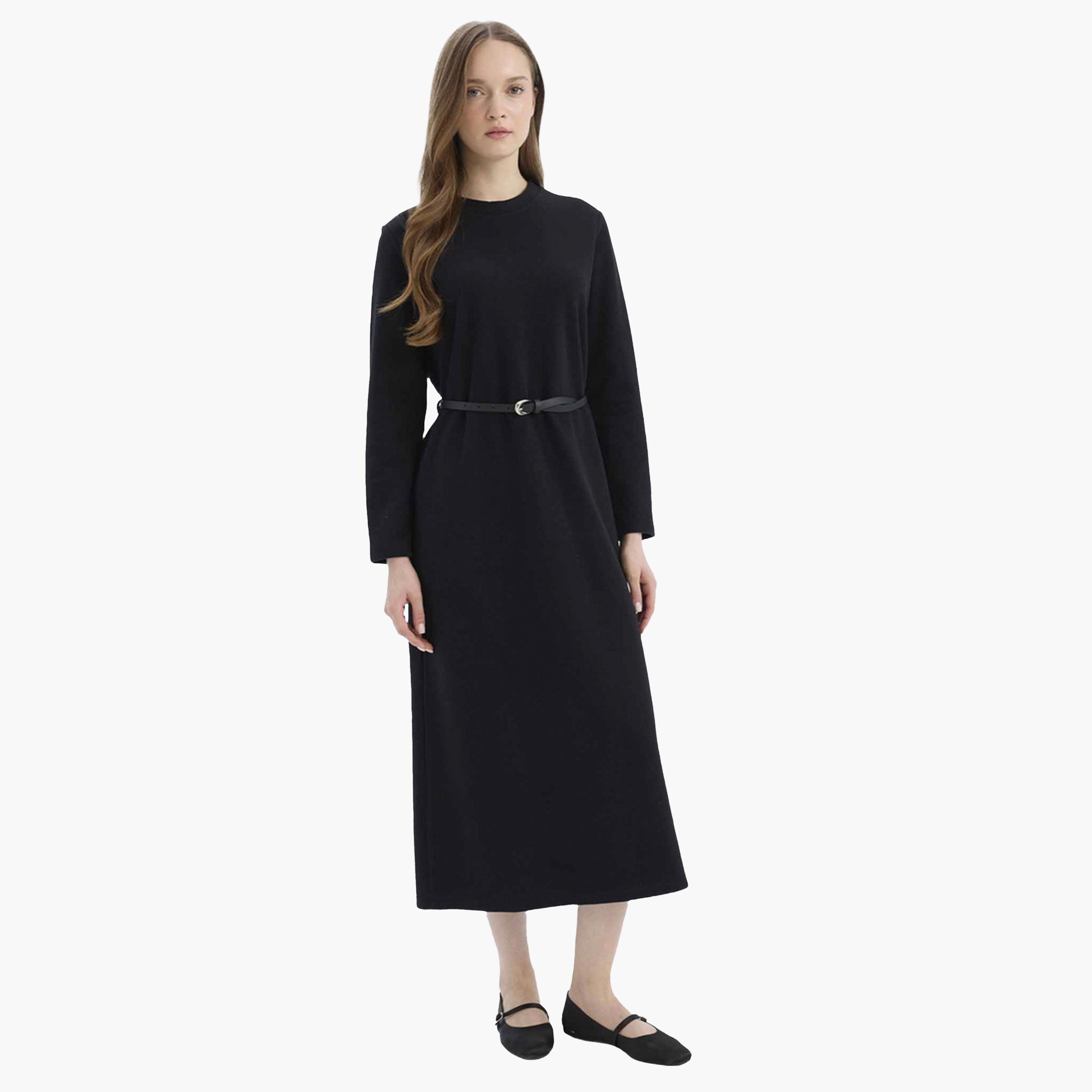 DeFacto X Styli Women Black Regular Fit Crew Neck Belted Maxi Dress-women-clothing-dresses-image-5