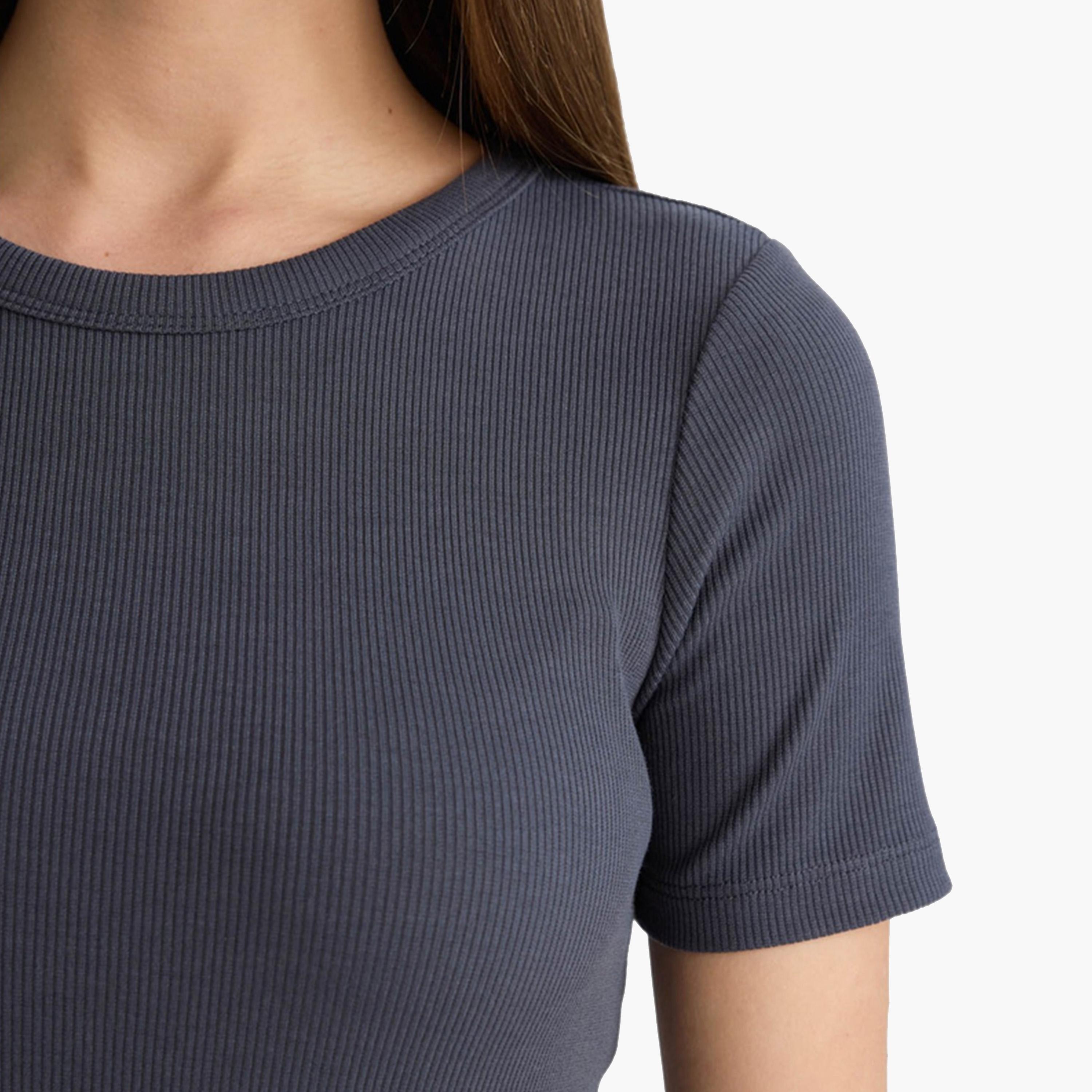 DeFacto X Styli Women Black Ribbed Crew Neck TShirt-women-clothing-tshirts-image-3