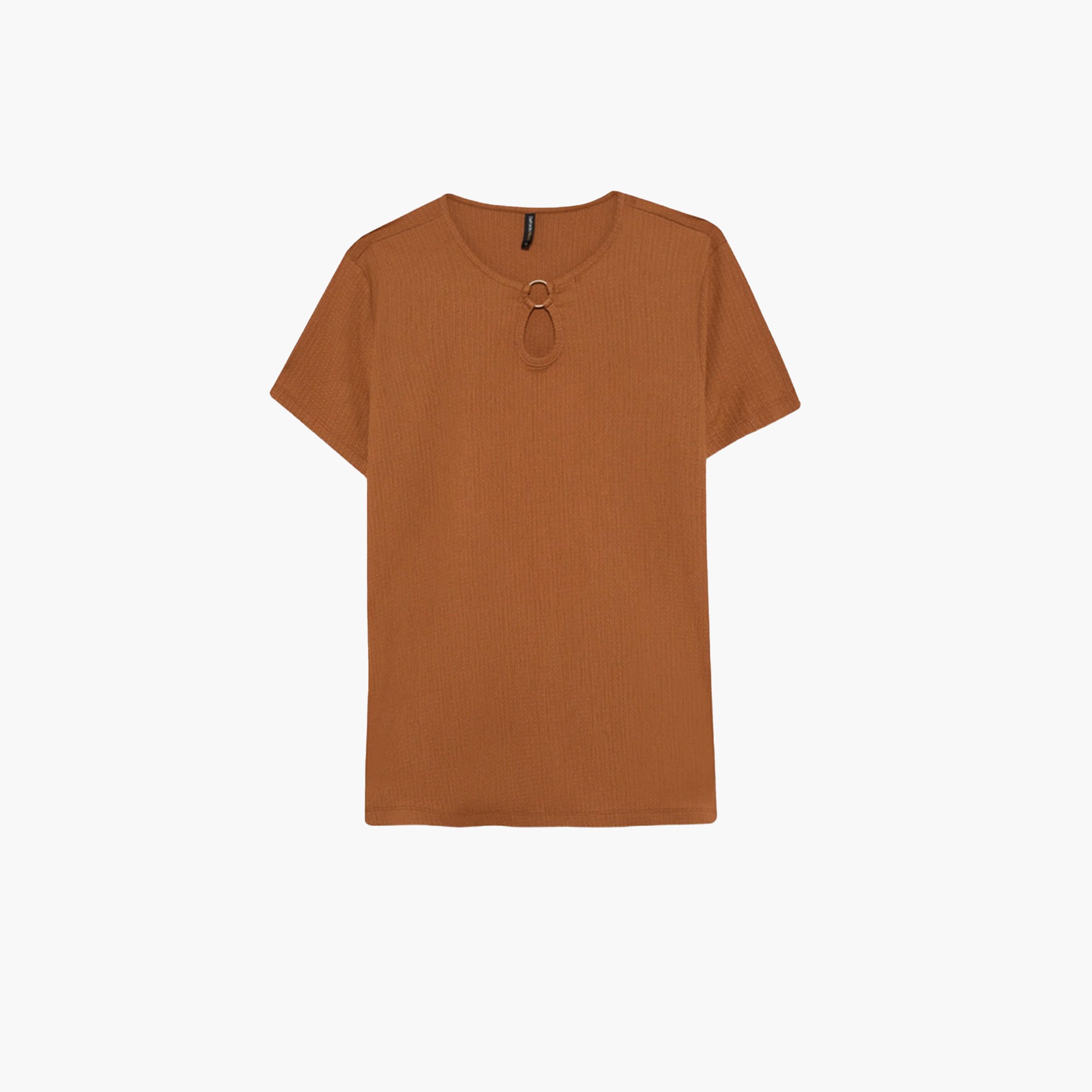 DeFacto X Styli Women Brown Knitted Crew Neck Short Sleeve T-Shirt-women-clothing-tshirts-image-1
