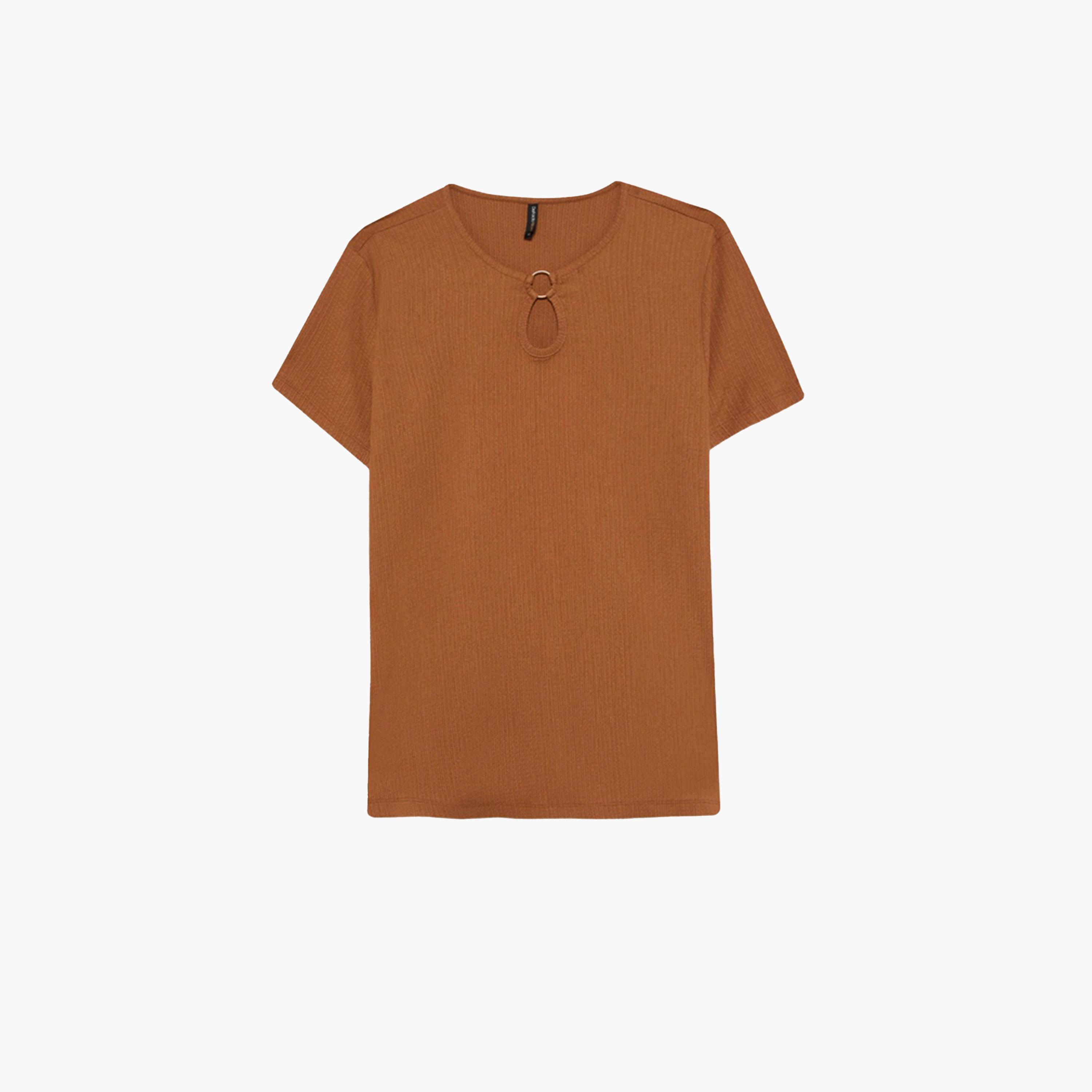 DeFacto X Styli Women Brown Knitted Crew Neck Short Sleeve T-Shirt-women-clothing-tshirts-image-2