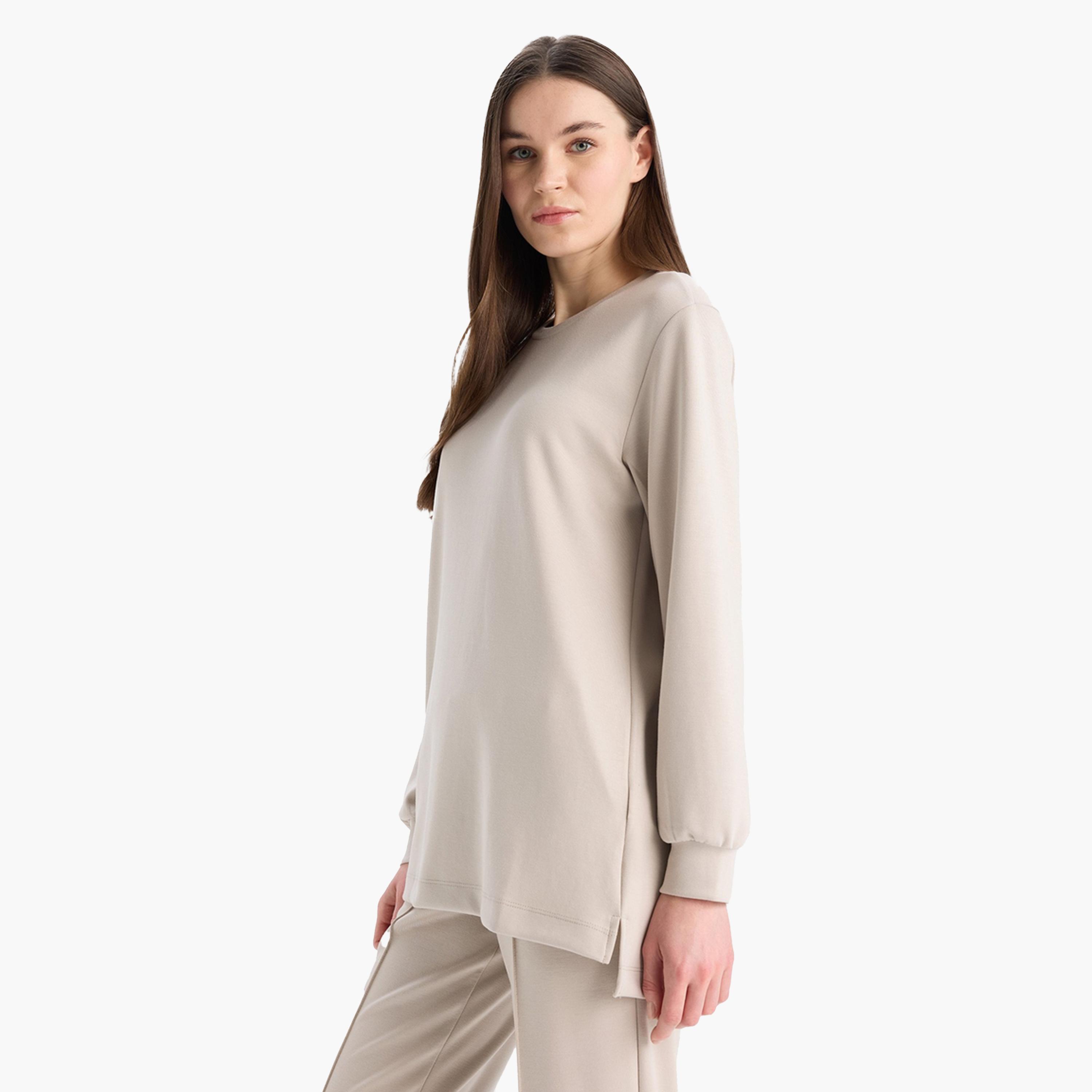DeFacto X Styli Beige Solid Long Sleeve Crew Neck T-Shirt-women-clothing-tshirts-image-4