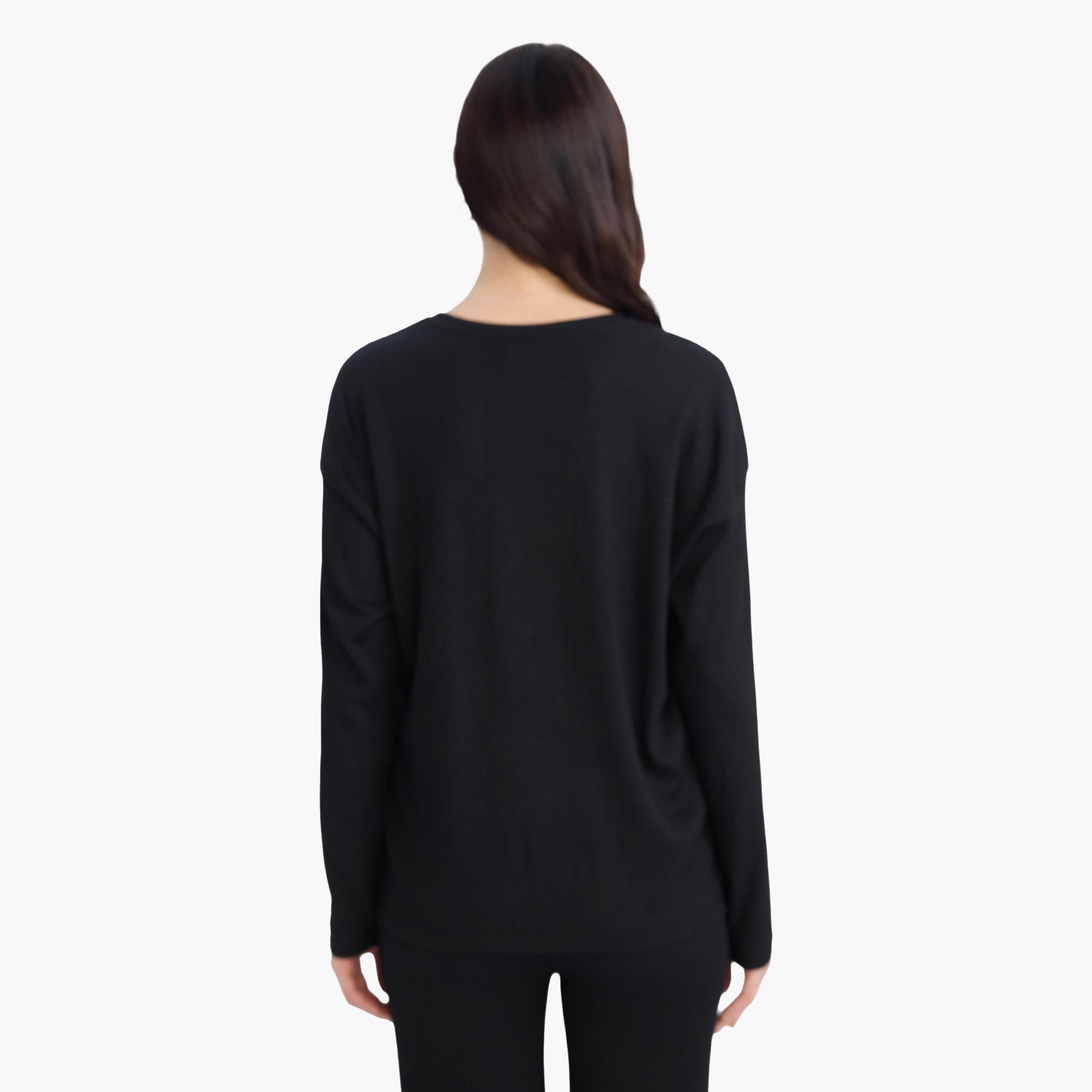 ديفاكتو × ستايلي - تي شيرت نسائي كاجوال أسود محبوك بأكمام طويلة-women-clothing-tshirts-image-3
