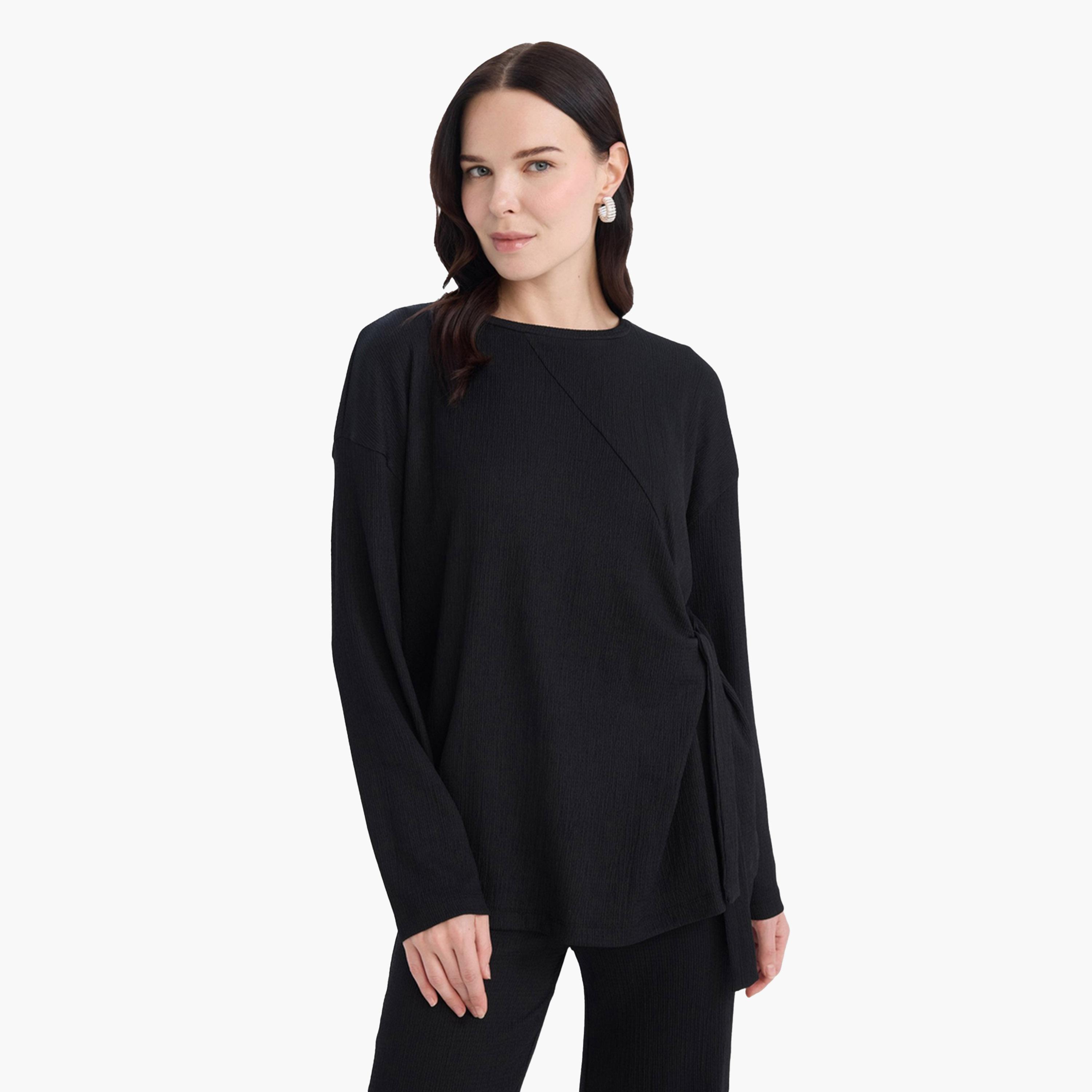 ديفاكتو × ستايلي - تي شيرت نسائي كاجوال أسود محبوك بأكمام طويلة-women-clothing-tshirts-image-6