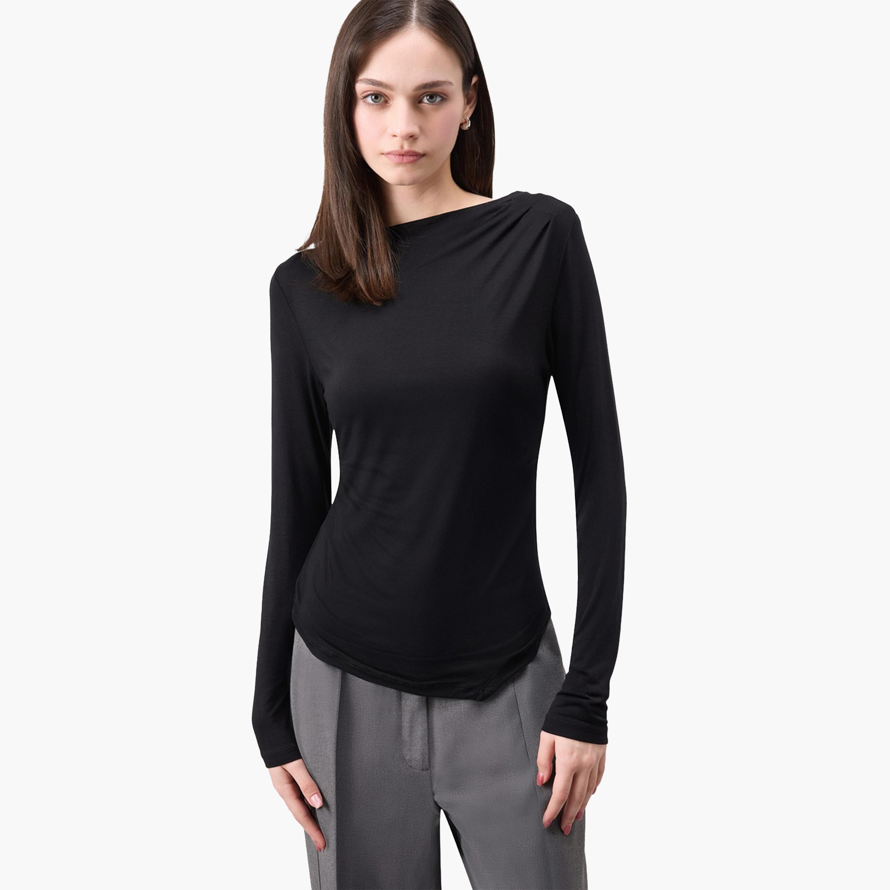 ديفاكتو × ستايلي - تي شيرت نسائي أسود محبوك بأكمام طويلة-women-clothing-tshirts-image-1