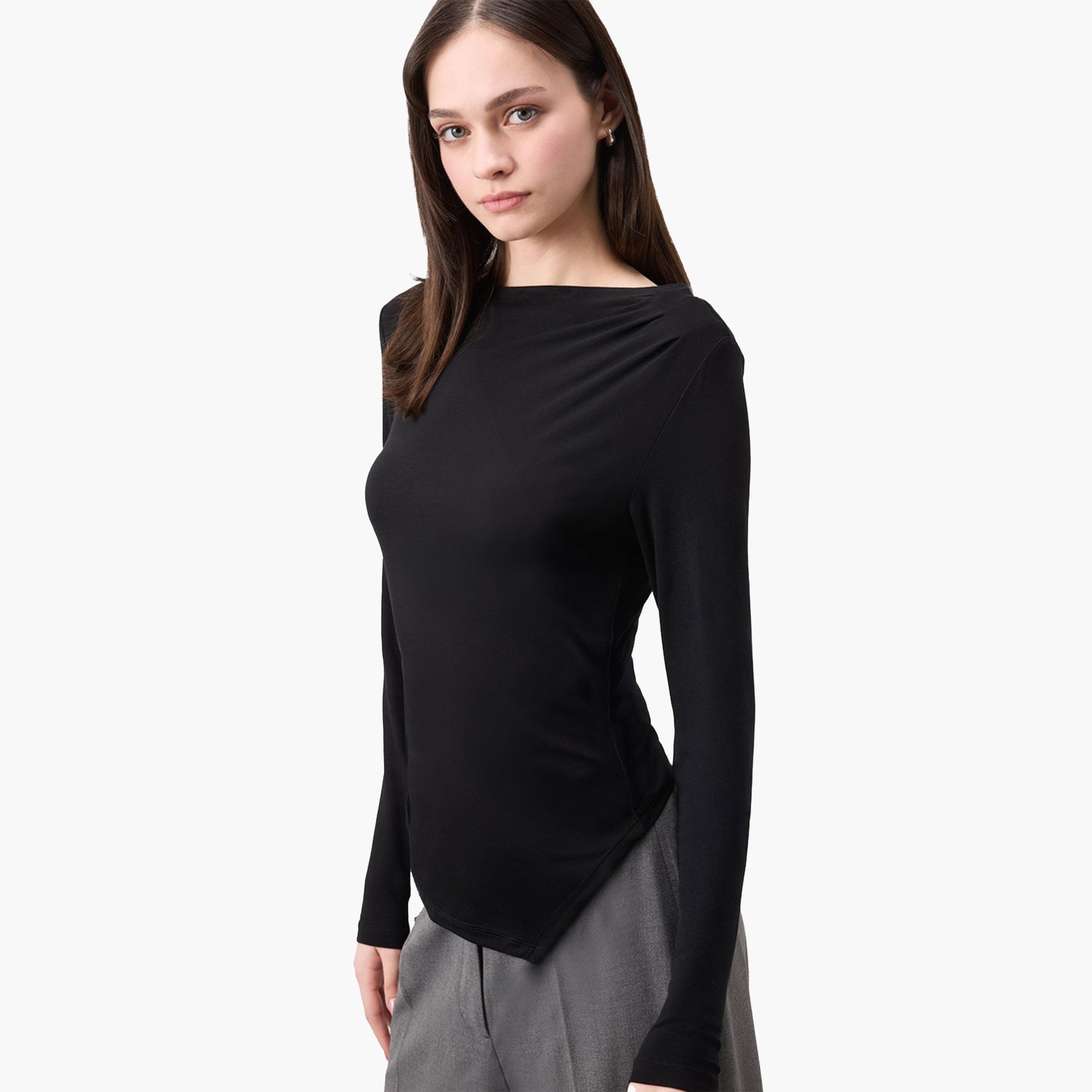 ديفاكتو × ستايلي - تي شيرت نسائي أسود محبوك بأكمام طويلة-women-clothing-tshirts-image-5