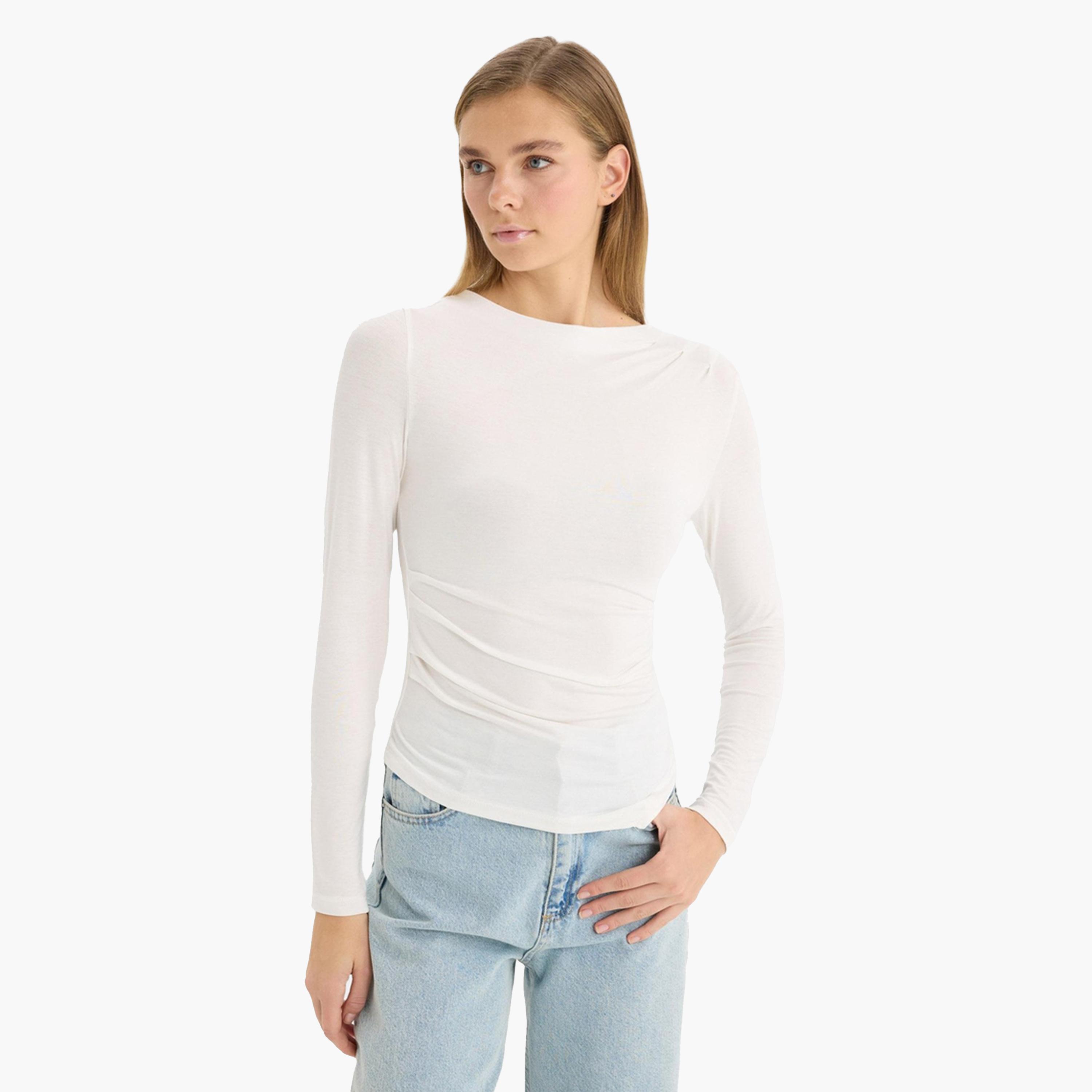 DeFacto X Styli Women's Beige Long Sleeve Knitted Slim Fit Crew Neck T-Shirt-women-clothing-tshirts-image-1
