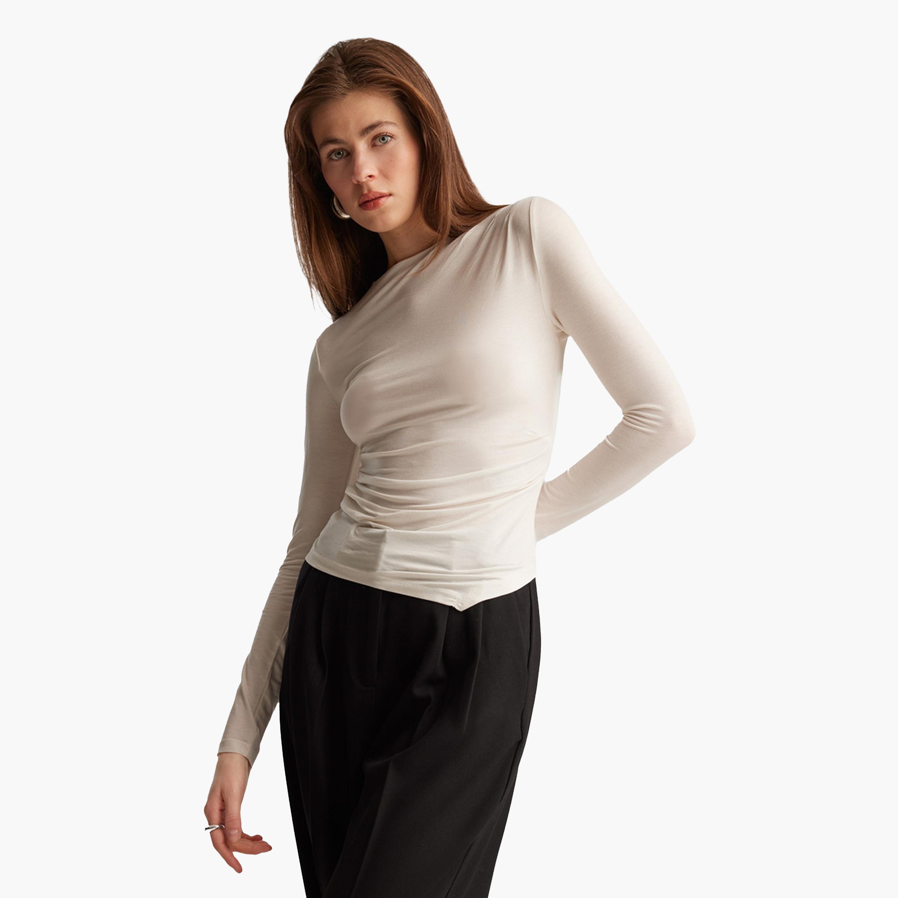 DeFacto X Styli Women's Beige Long Sleeve Knitted Slim Fit Crew Neck T-Shirt-women-clothing-tshirts-image-4