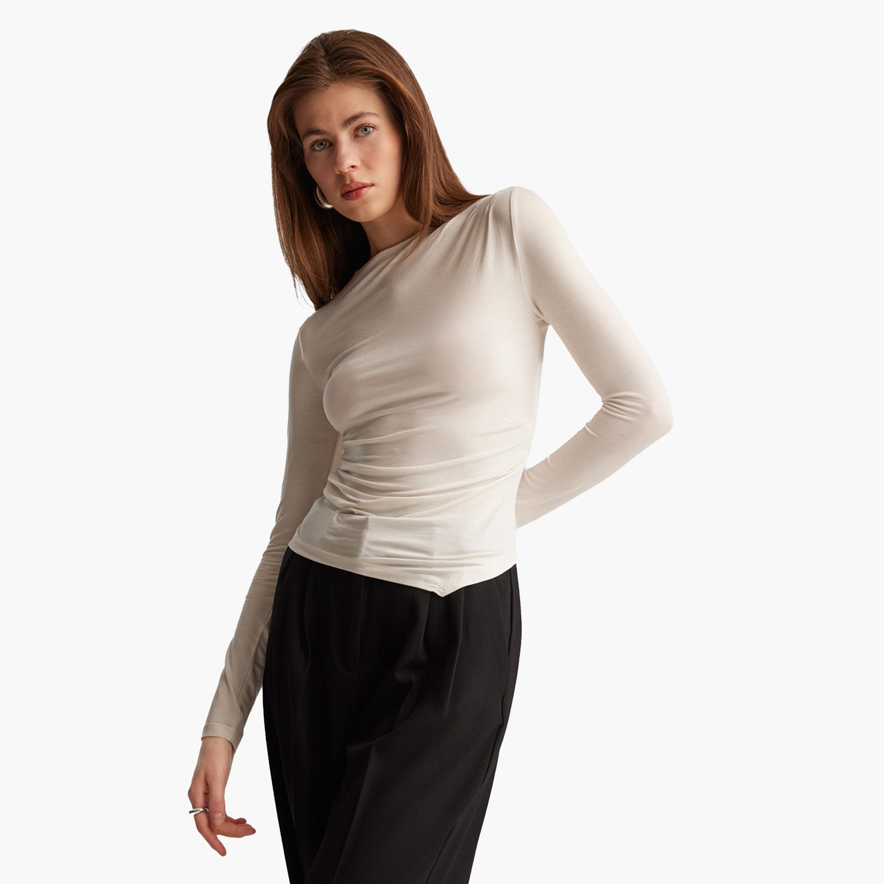 DeFacto X Styli Women's Beige Long Sleeve Knitted Slim Fit Crew Neck T-Shirt-women-clothing-tshirts-image-6