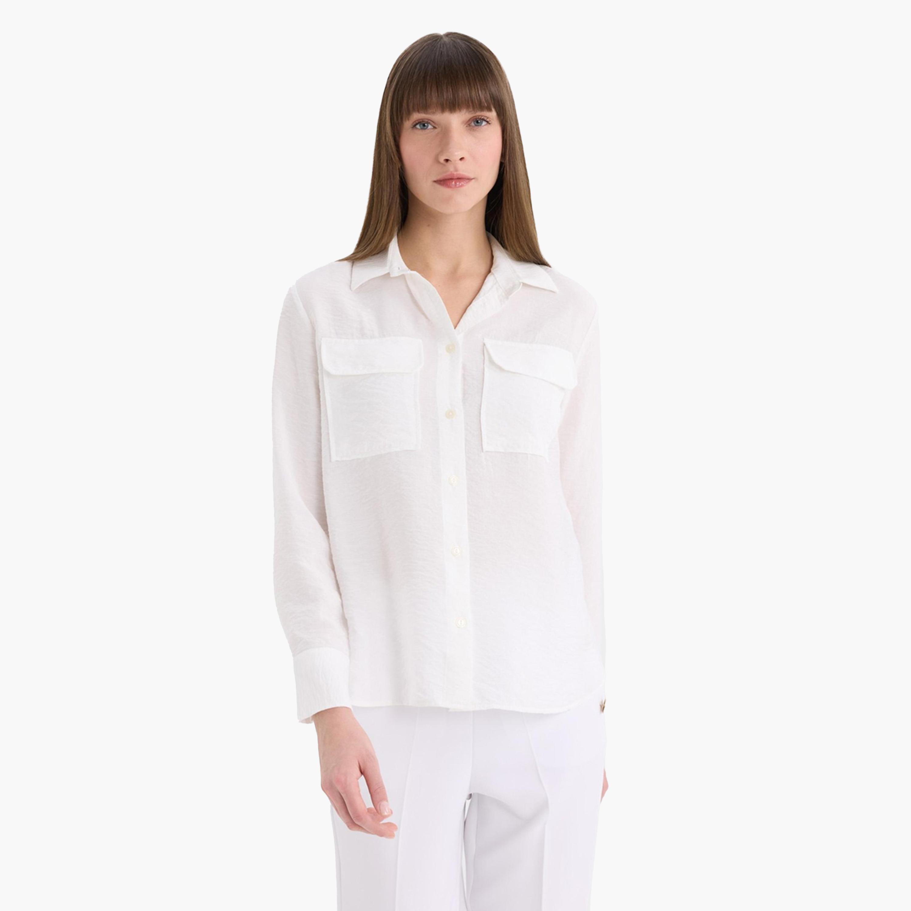 DeFacto X Styli Women's Off White Stand Collar Plain Shirt-women-clothing-shirtsandblouses-shirts-image-1