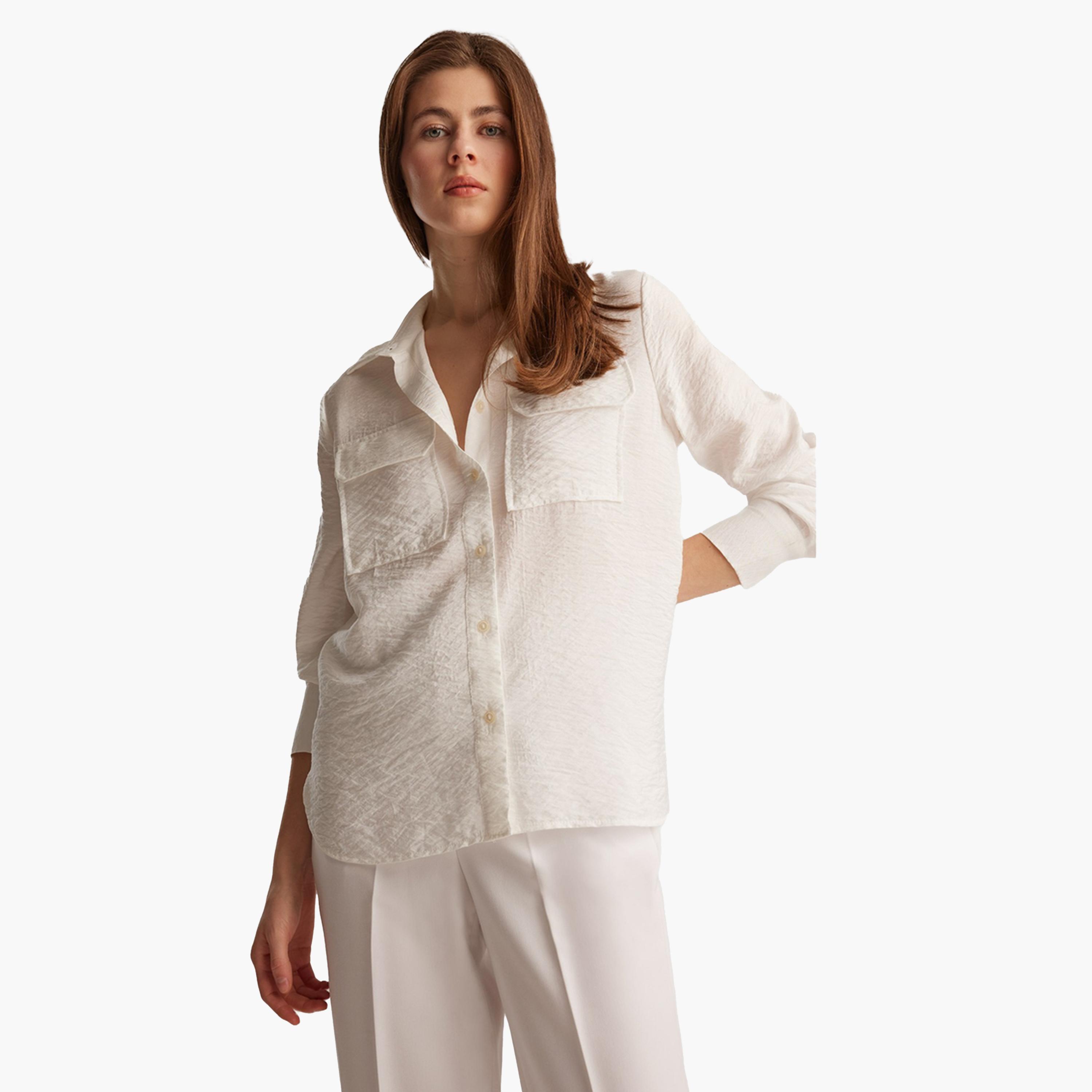 DeFacto X Styli Women's Off White Stand Collar Plain Shirt-women-clothing-shirtsandblouses-shirts-image-4