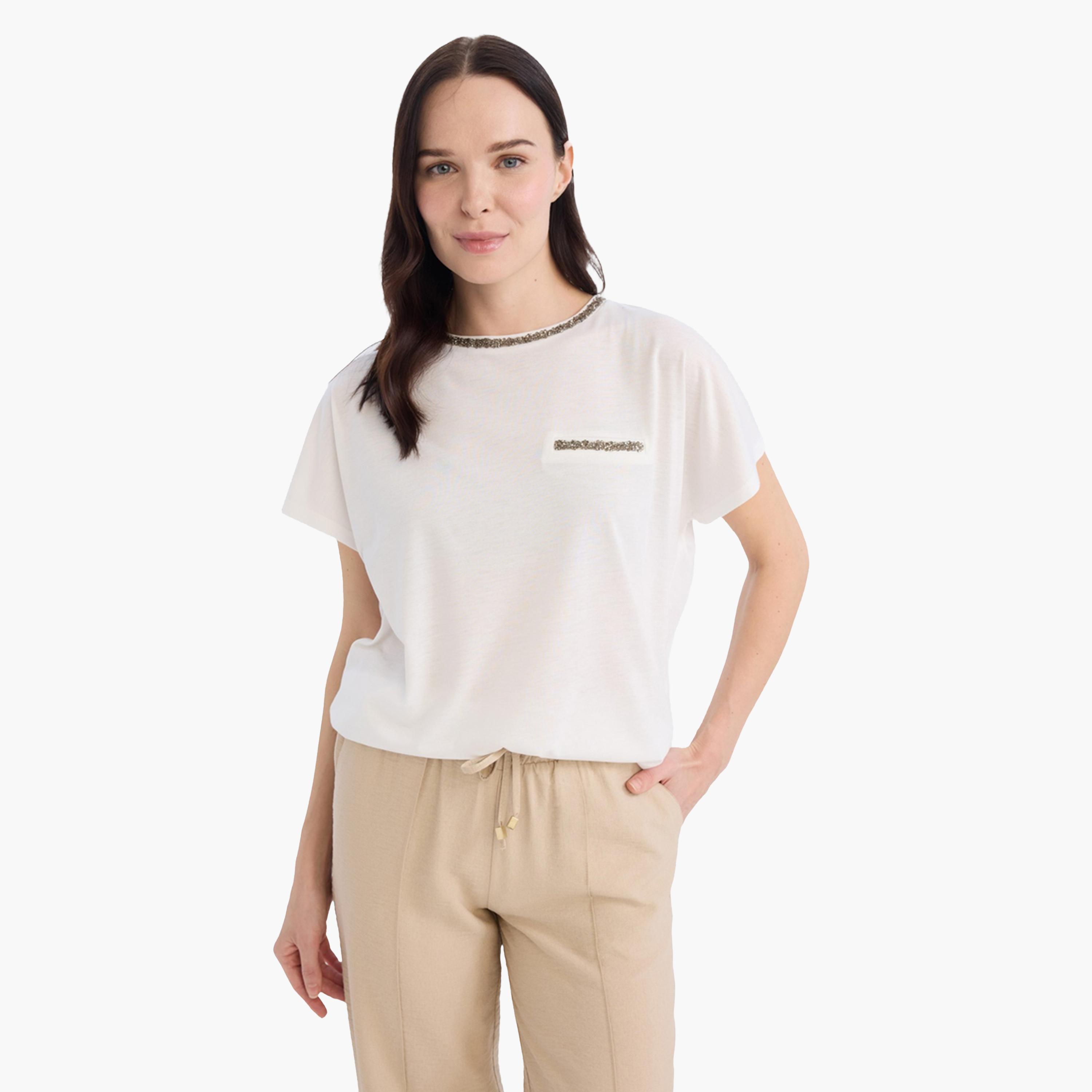 DeFacto X Styli Women Beige Knitted Crew Neck Short Sleeve TShirt-women-clothing-tshirts-image-1