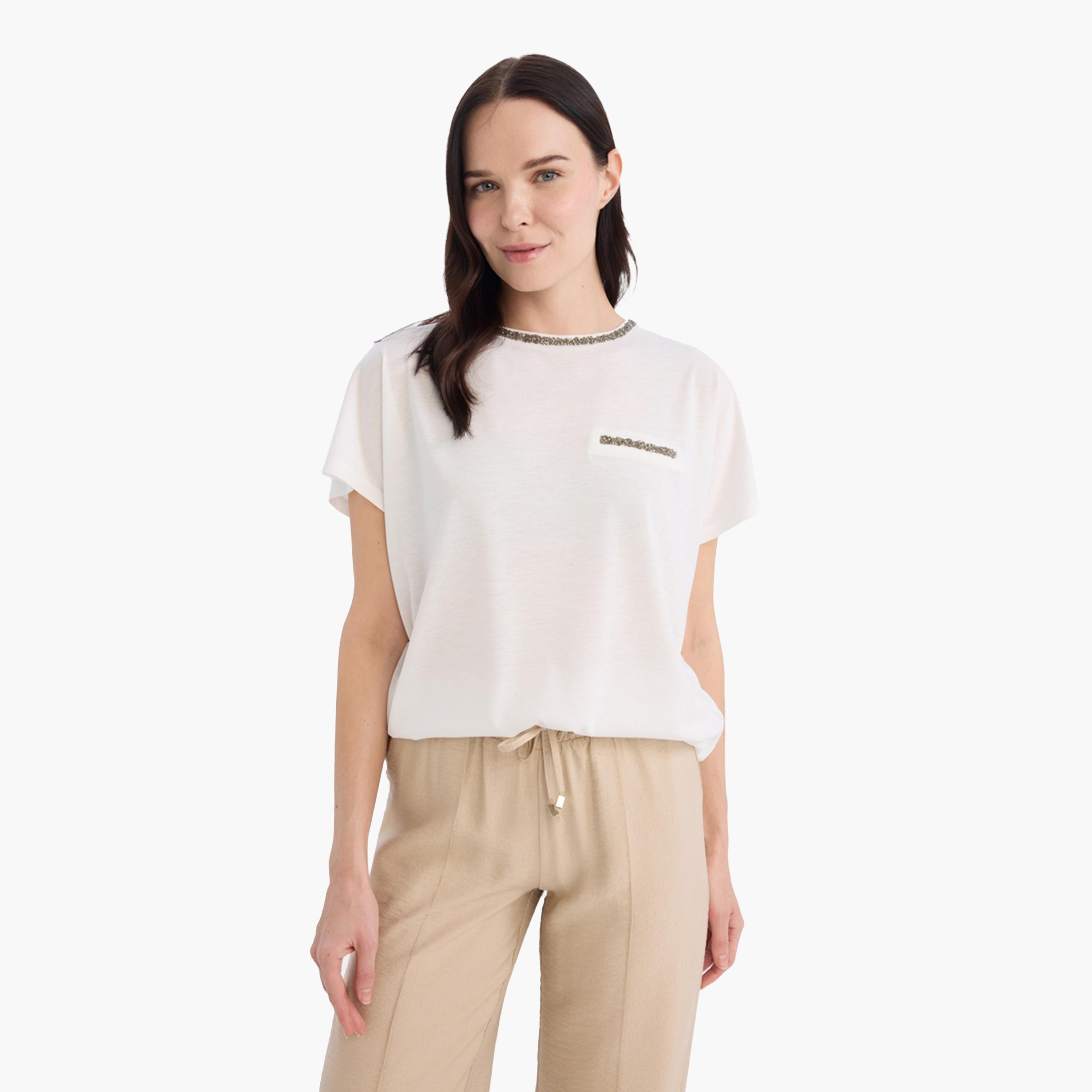 DeFacto X Styli Women Beige Knitted Crew Neck Short Sleeve TShirt-women-clothing-tshirts-image-2