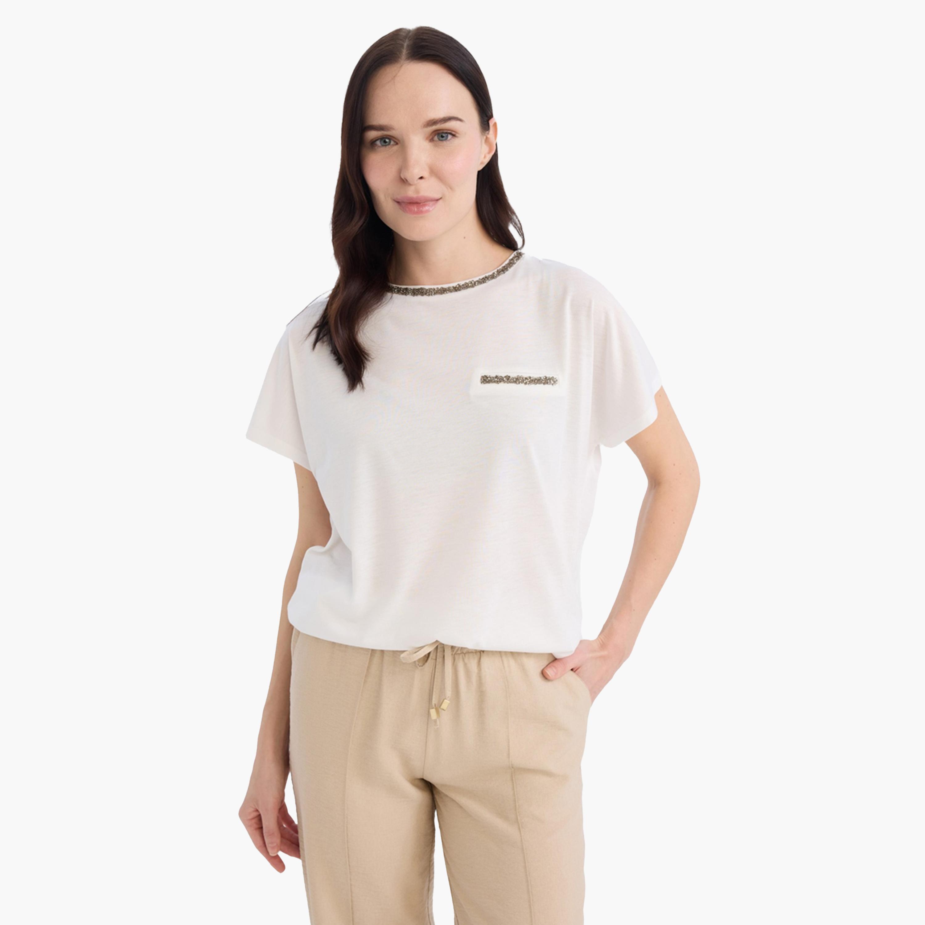 DeFacto X Styli Women Beige Knitted Crew Neck Short Sleeve TShirt-women-clothing-tshirts-image-3