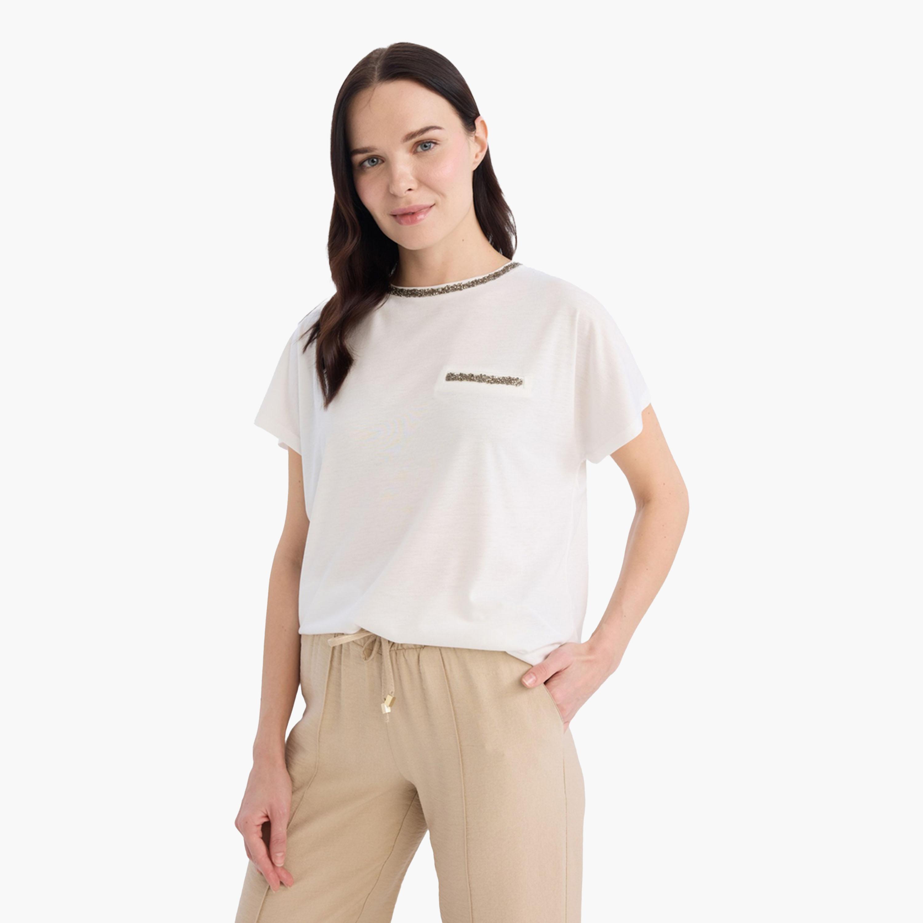 DeFacto X Styli Women Beige Knitted Crew Neck Short Sleeve TShirt-women-clothing-tshirts-image-5