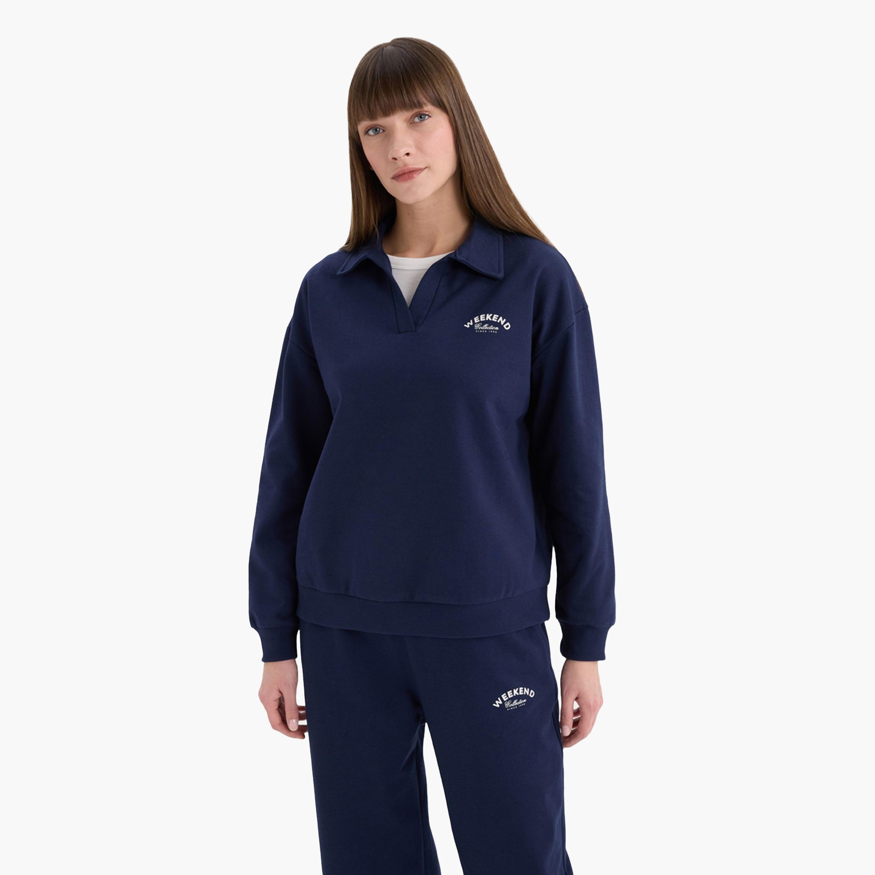 ديفاكتو × ستايلي - سويت شيرت نسائي سادة - كحلي-women-clothing-shirtsandblouses-shirts-image-6