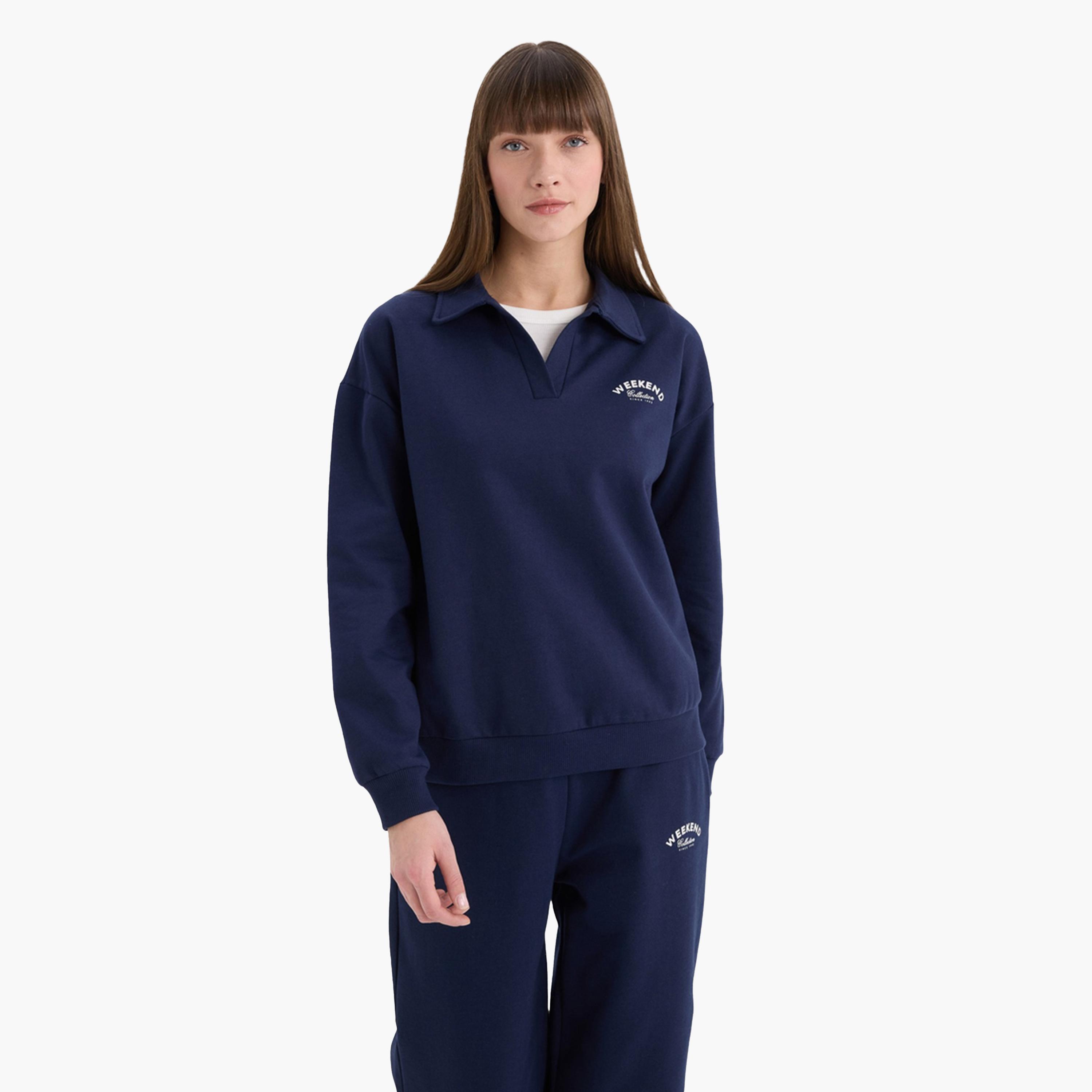 ديفاكتو × ستايلي - سويت شيرت نسائي سادة - كحلي-women-clothing-shirtsandblouses-shirts-image-3