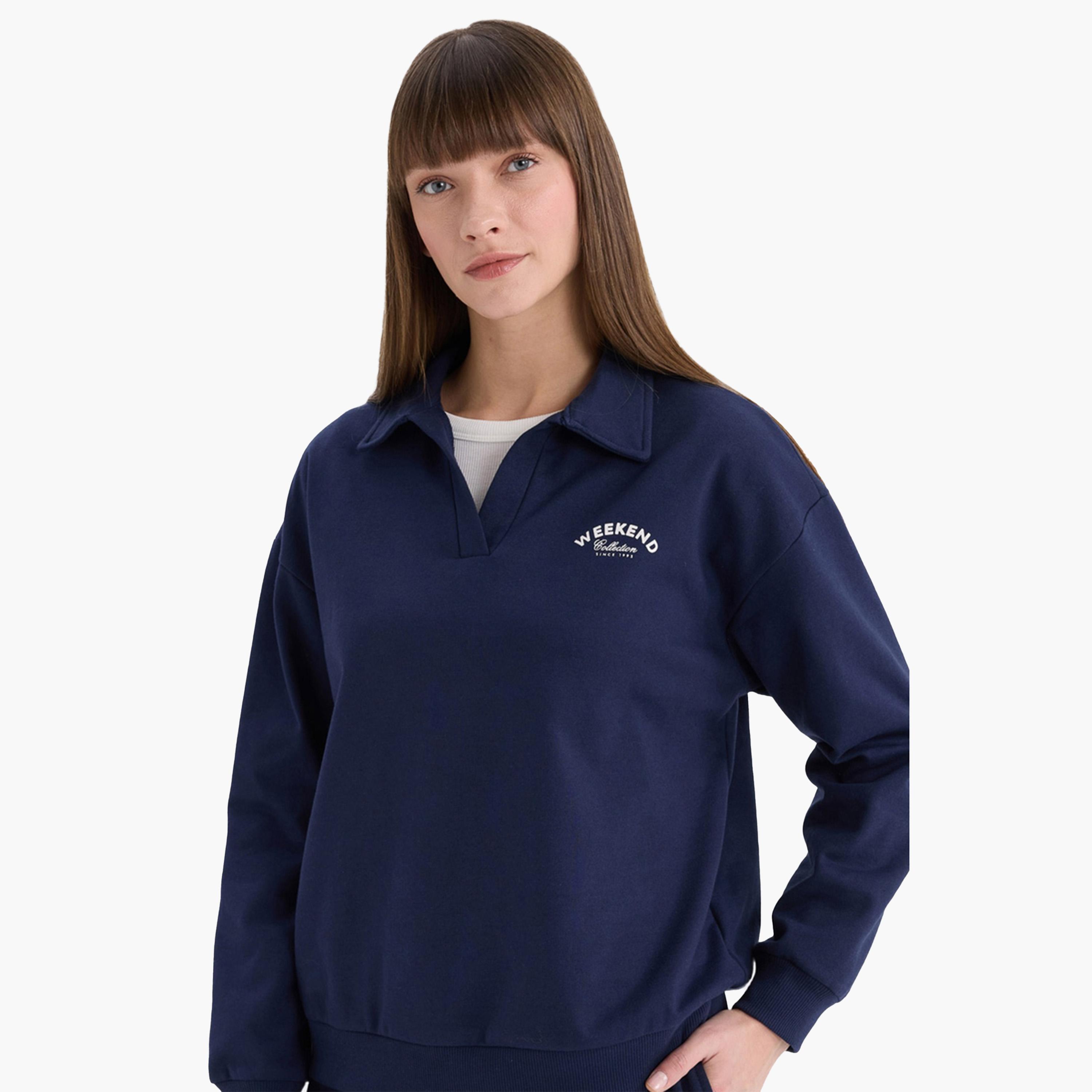 ديفاكتو × ستايلي - سويت شيرت نسائي سادة - كحلي-women-clothing-shirtsandblouses-shirts-image-2