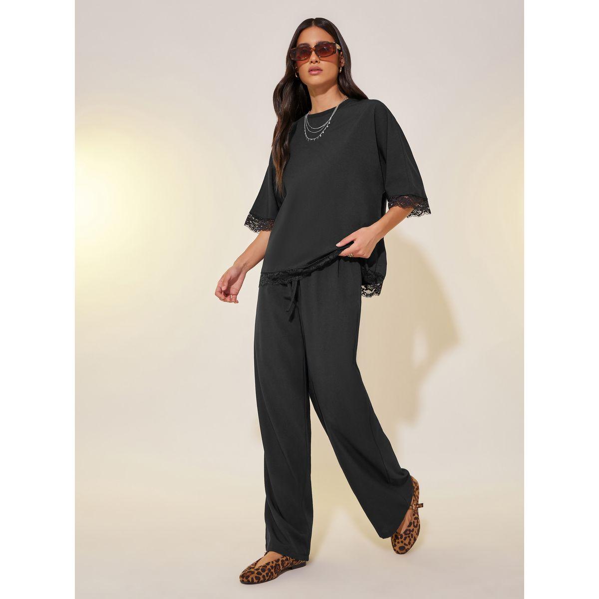 Styli Lace Detail Short Sleeve Top and Pants Co-Ords-women-clothing-coordsets-image-1