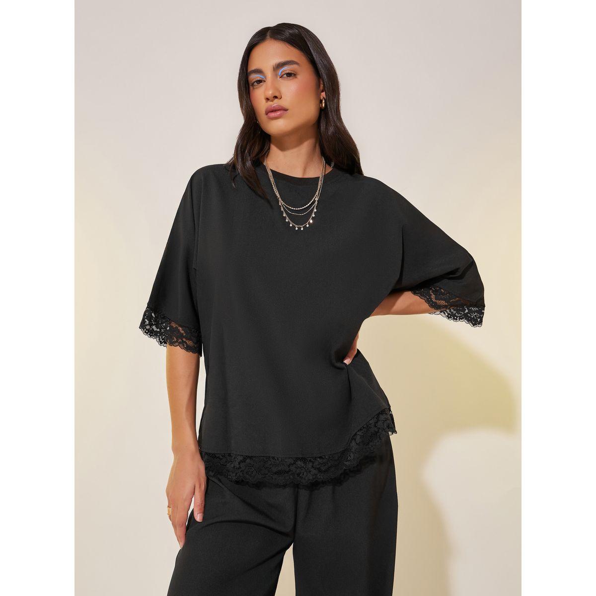 Styli Lace Detail Short Sleeve Top and Pants Co-Ords-women-clothing-coordsets-image-2